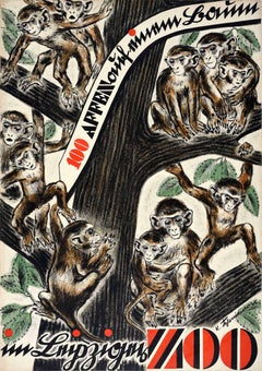Original Vintage Advertising Poster Leipzig Zoo Monkeys In A Tree Tessmann