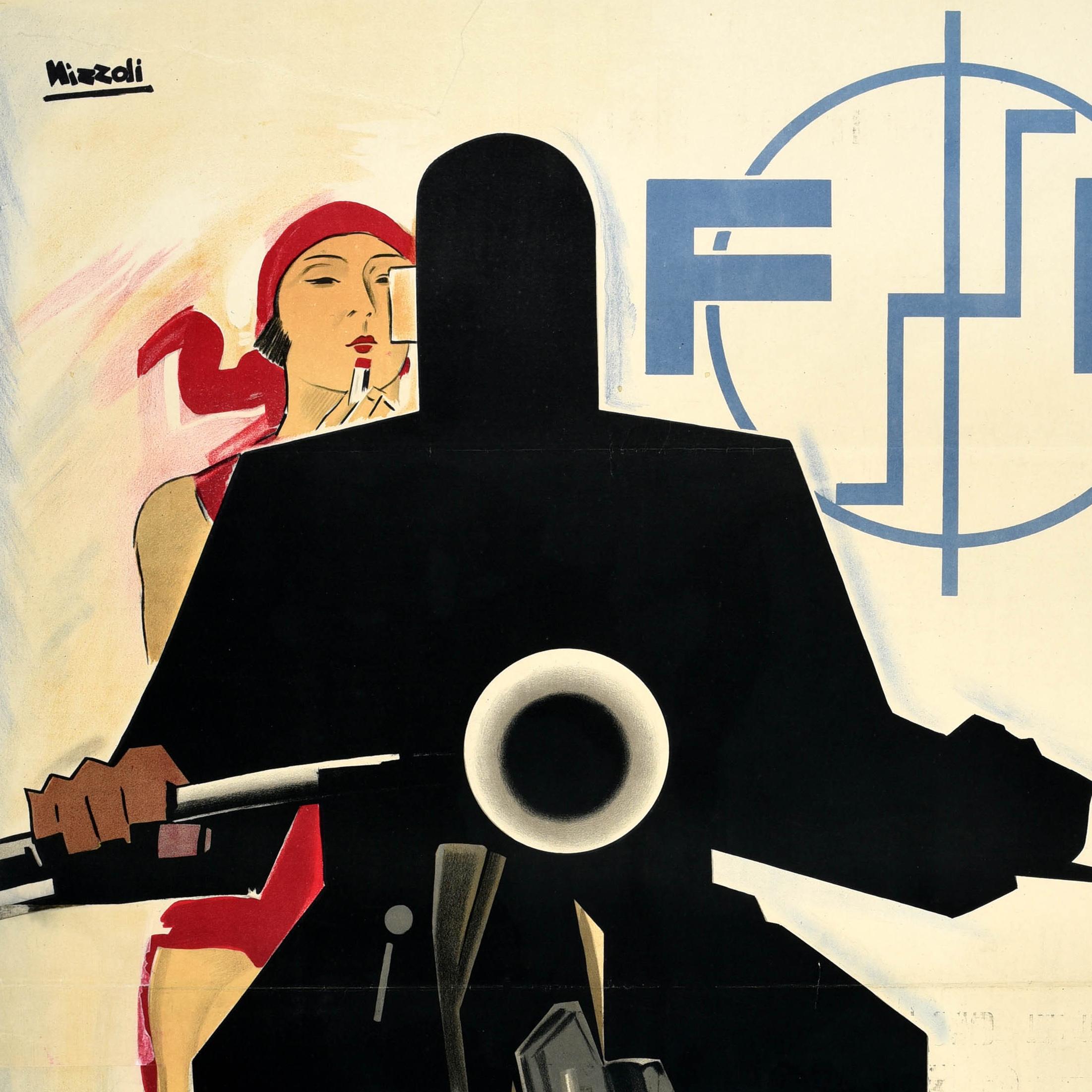 Original vintage advertising poster for Fabrique Nationale Motorcycles featuring an Art Deco design by the Italian artist Marcello Nizzoli (1887-1969) depicting a motorbike rider as a man shrouded in a shadow with a lady in a red headscarf behind