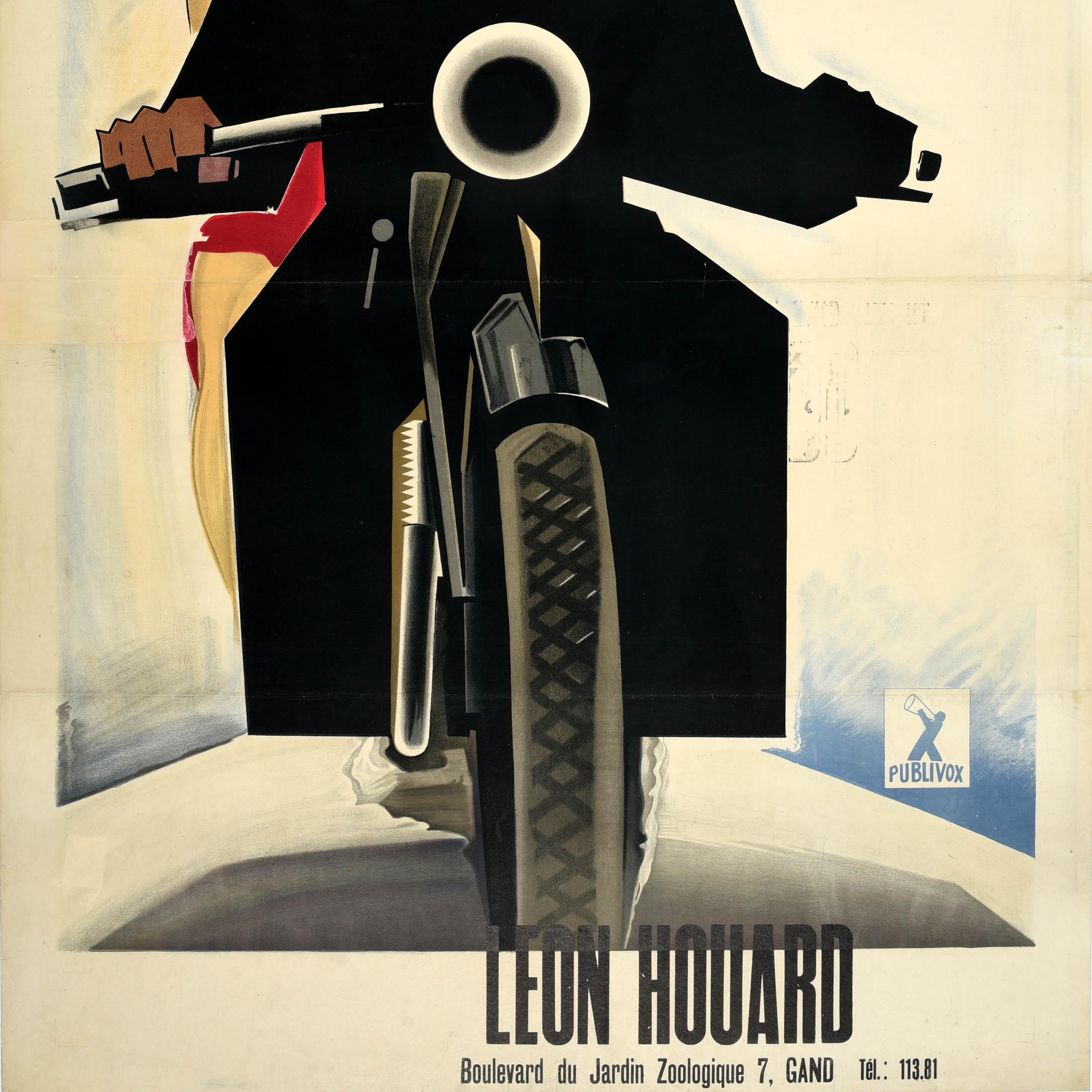 Belge Affiche publicitaire originale vintage Leon Houard Fabrique Nationale Motorcycles en vente