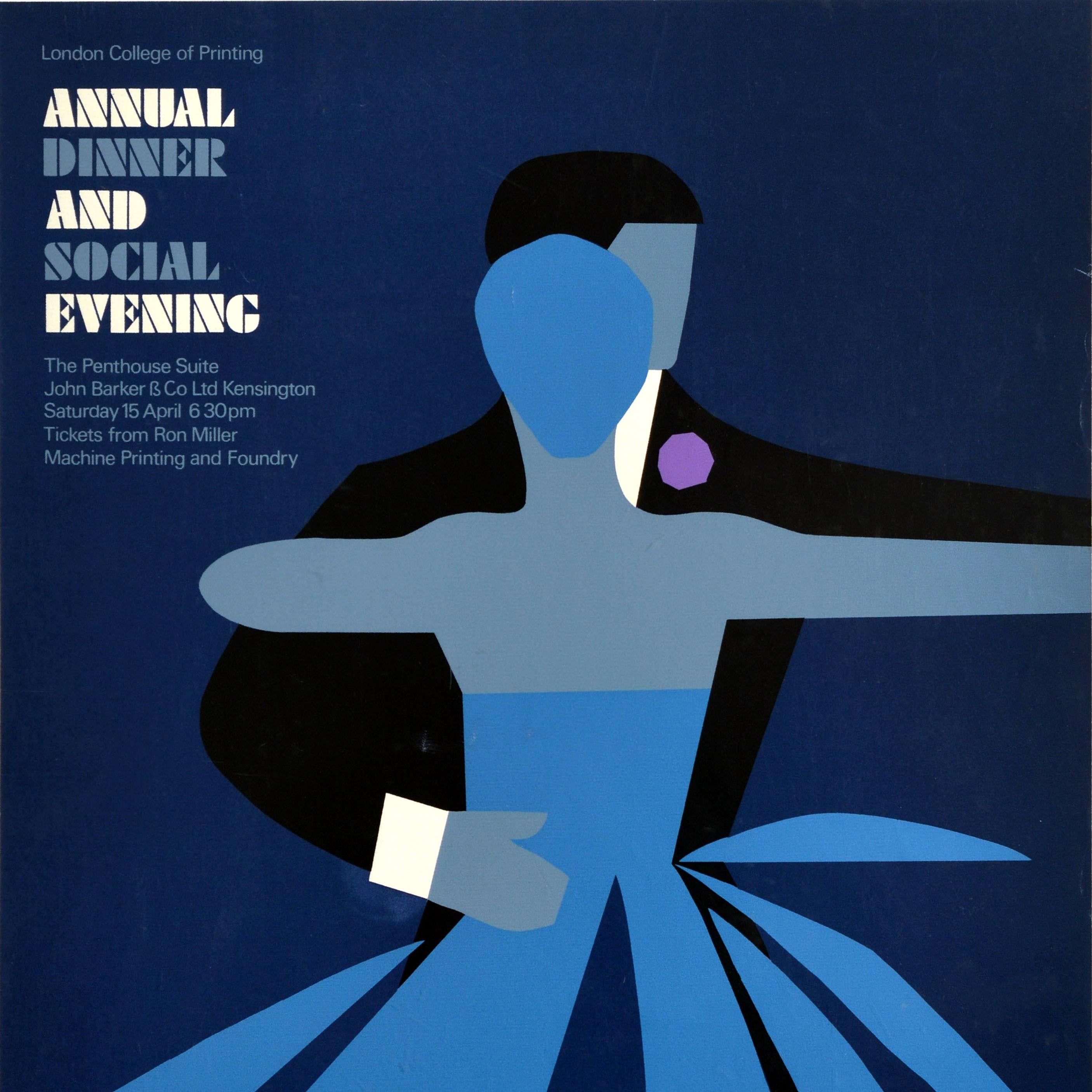 Poster pubblicitario originale d'epoca per la cena annuale e la serata sociale del London College of Printing con un grande disegno grafico del noto artista Tom Eckersley (1914-1997) che raffigura una coppia che balla, la silhouette di una signora