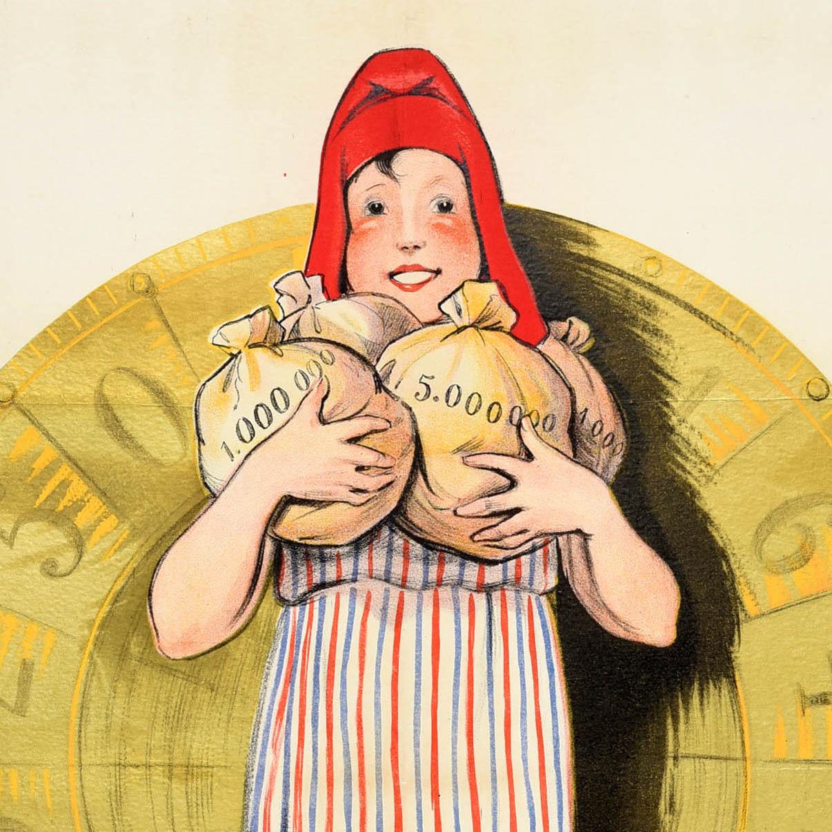 Original vintage advertising poster for the French National Lottery / Loterie Nationale featuring a smiling person wearing a stripy tunic with a red cap, holding some heavy money bags full of coins marked 1,000,000 and 5,000,000 in front of a