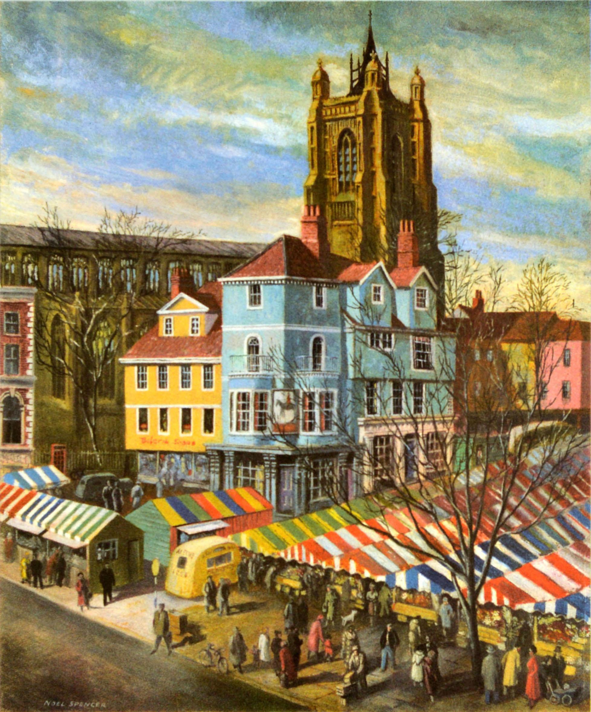 Poster pubblicitario d'epoca originale emesso dal General Post Office GPO con un'opera d'arte scenografica della città medievale di Norwich, opera dell'artista e stampatore Noel Spencer (1900-1986), che raffigura una vivace e animata veduta di