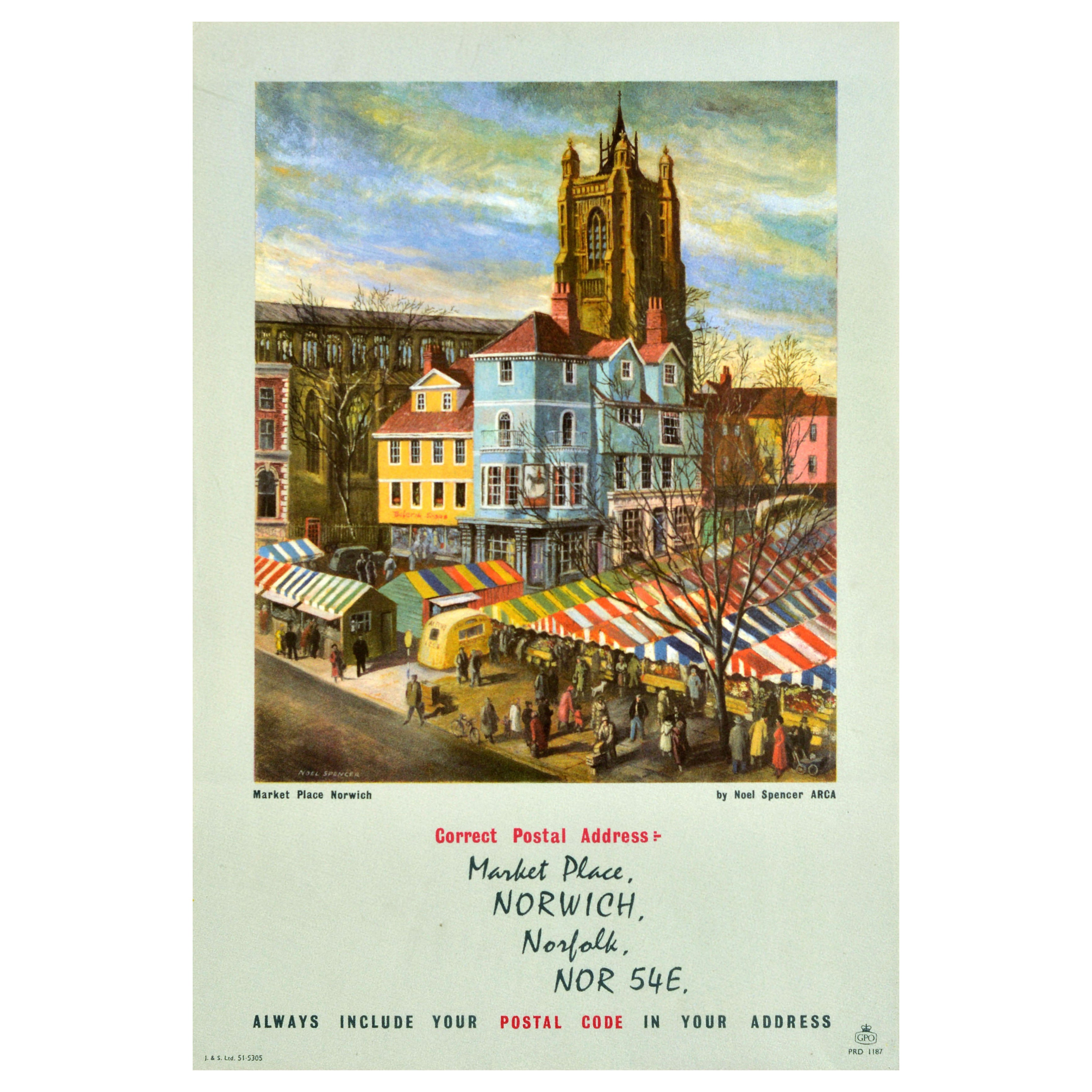 Poster pubblicitario originale d'epoca Market Place Norwich Noel Spencer GPO in vendita