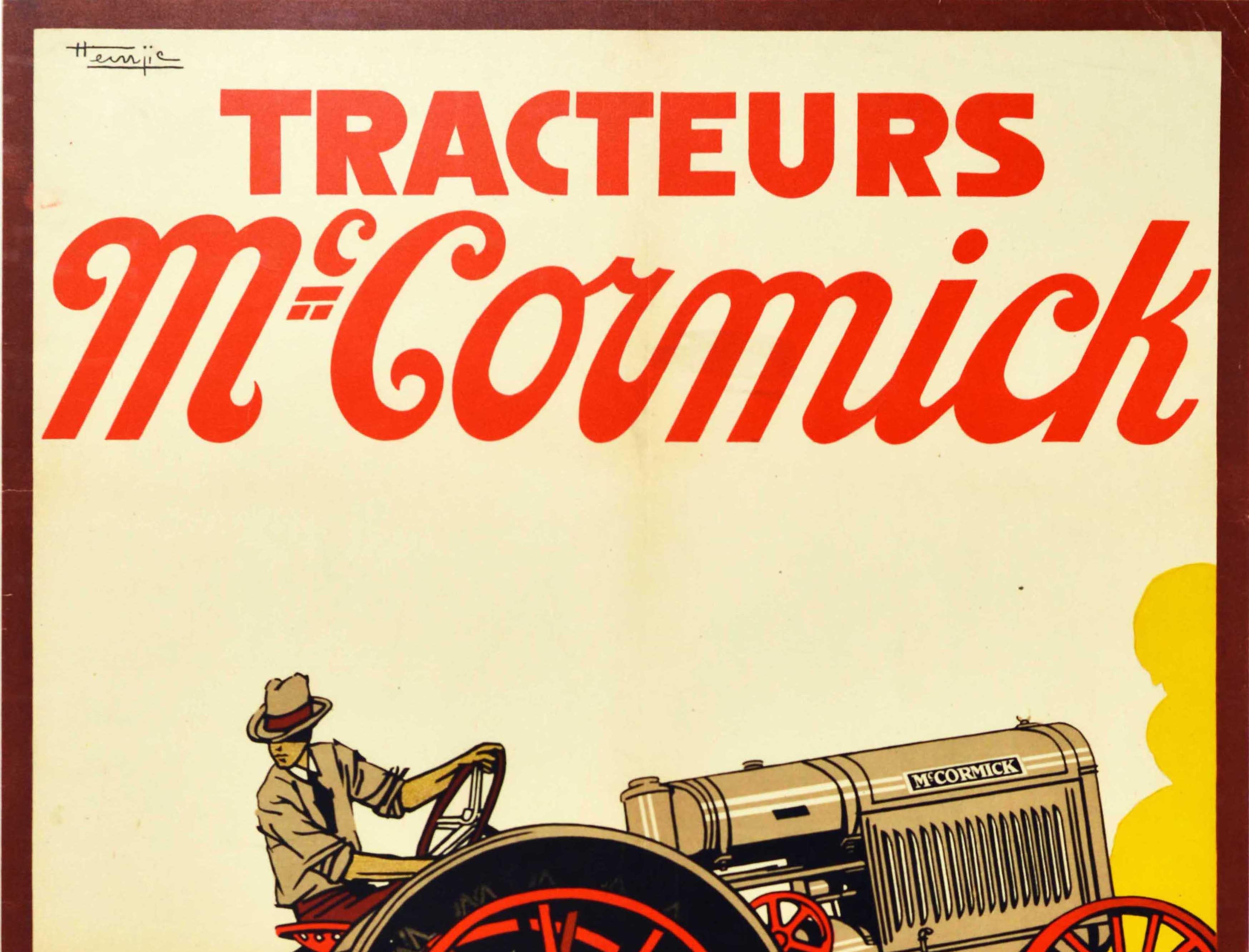 Original vintage advertising poster for the French dealer of McCormick tractors - Tracteurs McCormick Machines Agricoles R. Wallut & Cie - featuring a great farming design depicting a shiny new agricultural tractor driving up a muddy hill and