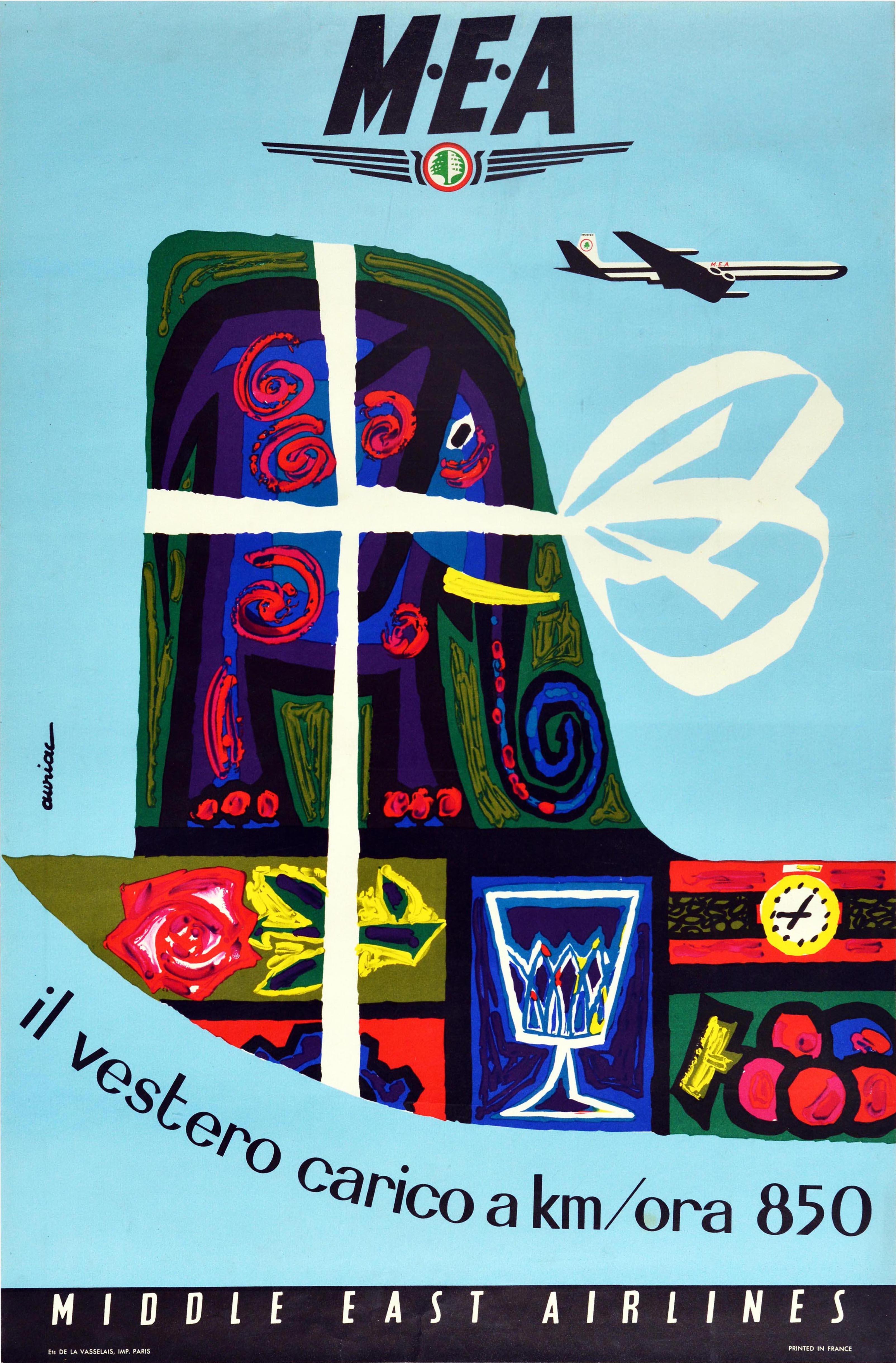 Original vintage advertising poster for Middle East airlines MEA featuring a colourful design by Jacques Auriac (1922-2003) showing the tail of a plane wrapped up with a white ribbon like a present and filled with objects including a rose flower, a