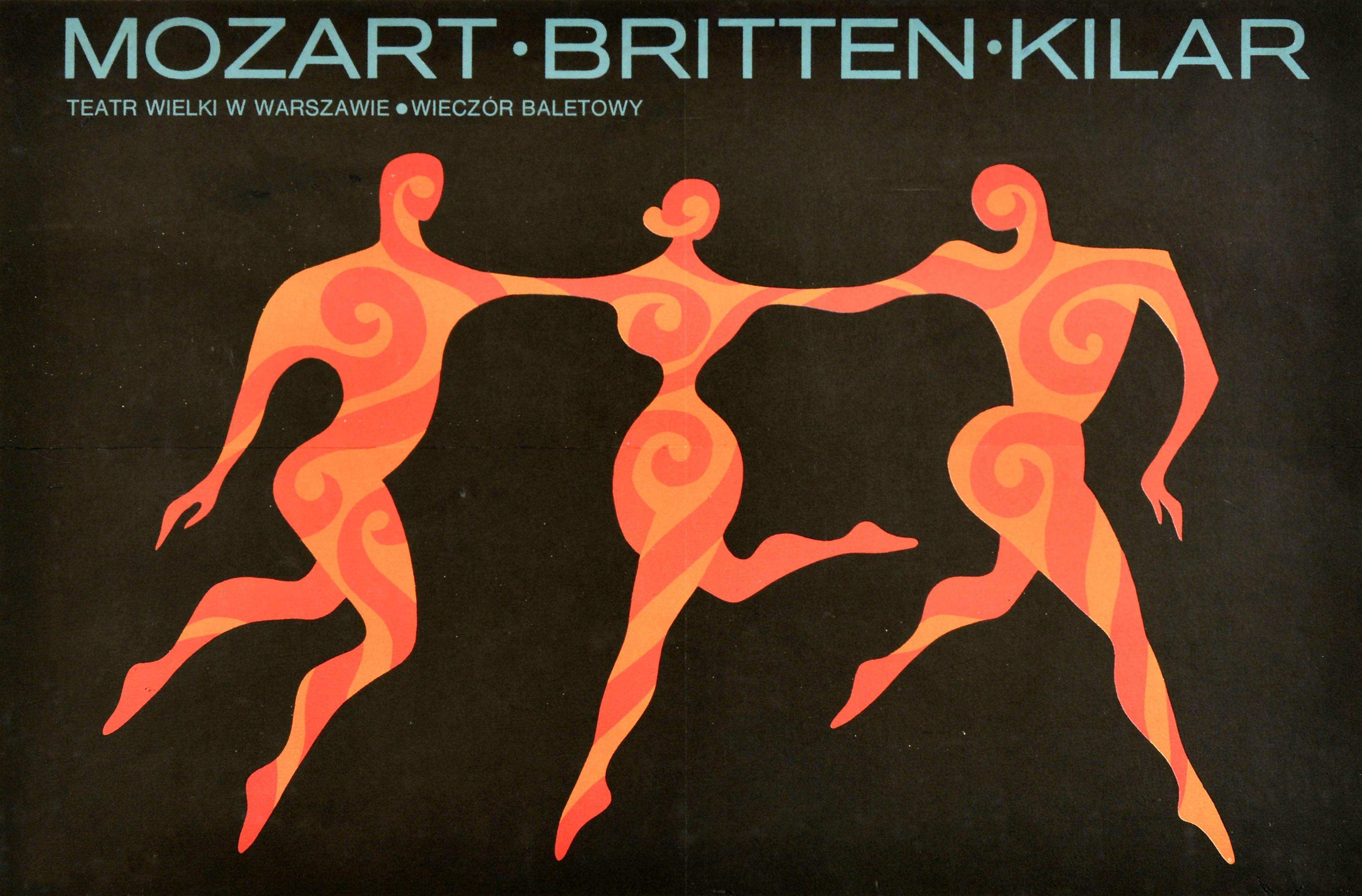 Original-Werbeplakat für einen Ballettabend mit Musik des bedeutenden Komponisten der Klassik Wolfgang Amadeus Mozart (1756-1791), des britischen Komponisten Benjamin Britten (1913-1976), und des polnischen Komponisten Wojciech Kilar (1932-2013) im