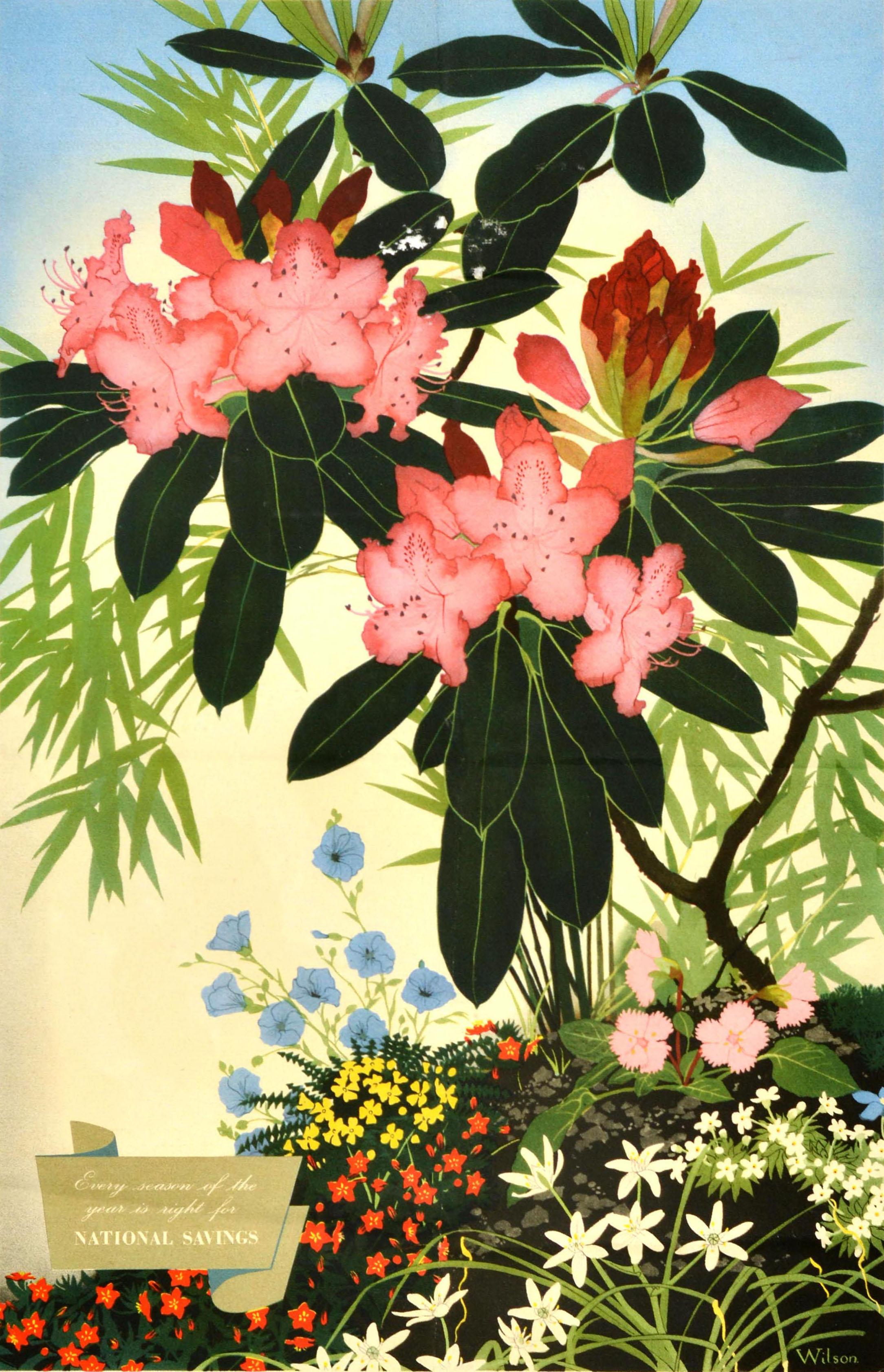 Original vintage advertising poster - National Savings Through the Post Office Savings Bank, The Trustee Savings Bank and National Savings Certificates - featuring colourful artwork of red, yellow, white, blue and pink flowers with green leaves and