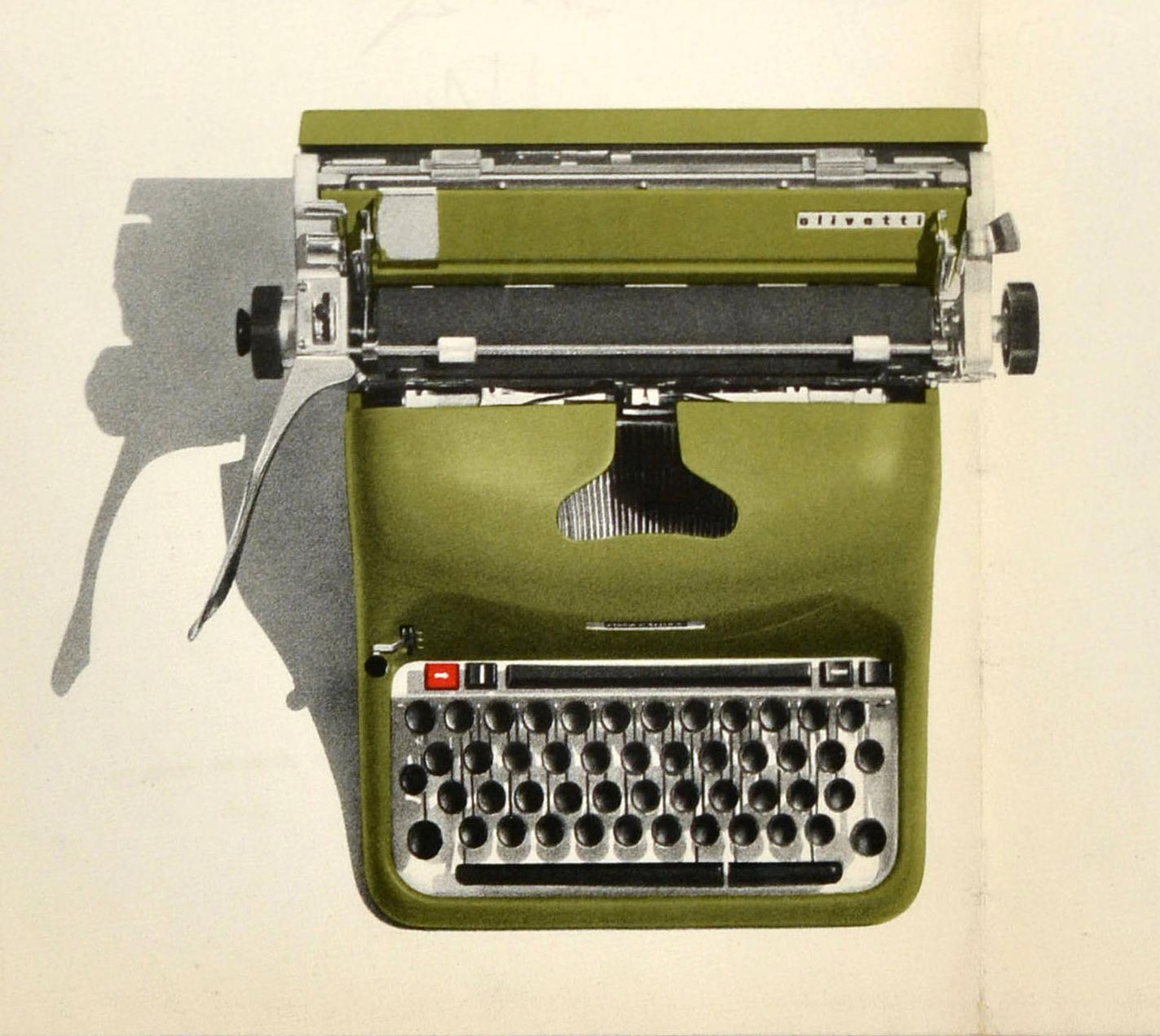 Original vintage advertising poster for the Olivetti Graphika typewriter model featuring a great mid-century graphic design depicting letters of the alphabet on typewriter keys in yellow, white, blue and red circles and lines set over a black
