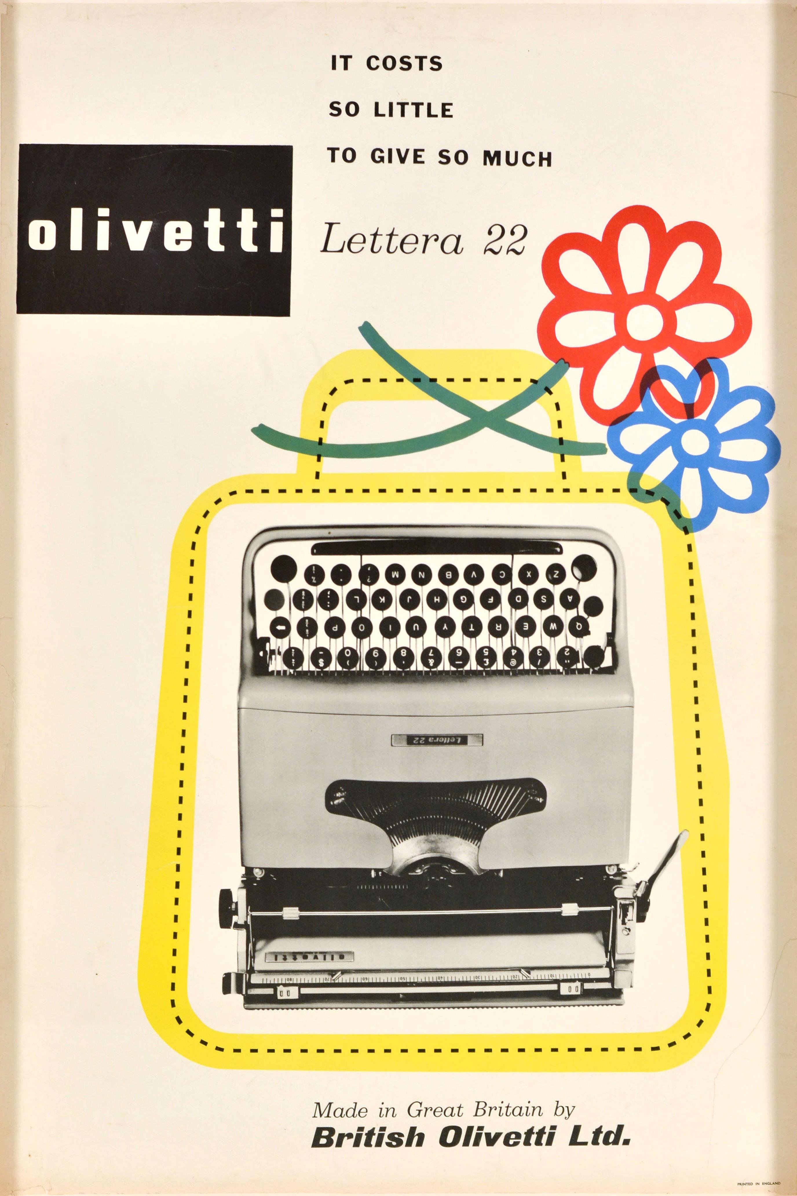 Affiche publicitaire originale pour la machine à écrire mécanique portable Olivetti Lettera 22, conçue par Marcello Nizzoli en 1949, avec un superbe graphisme du milieu du siècle dernier représentant la machine à écrire dans un étui jaune stylisé