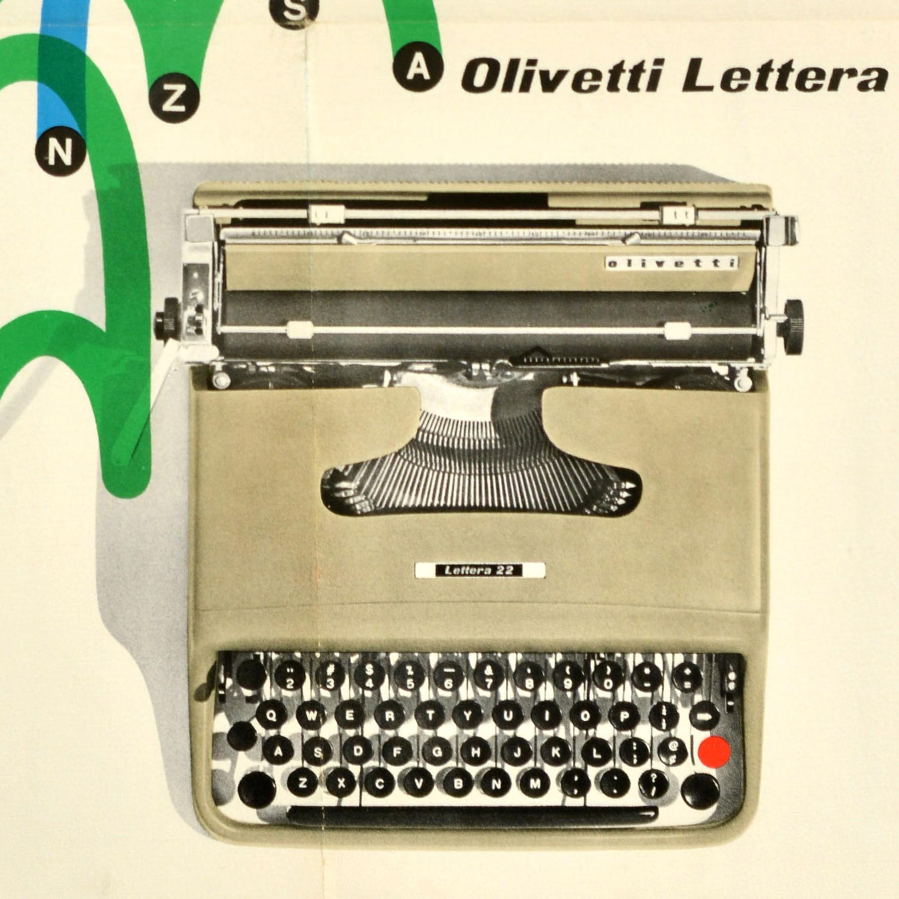 Original vintage advertising poster for the Olivetti Lettera 22 typewriter model featuring a great mid-century graphic design depicting colourful curved arches in blue, yellow, red and green connecting type letters of the alphabet above a photograph