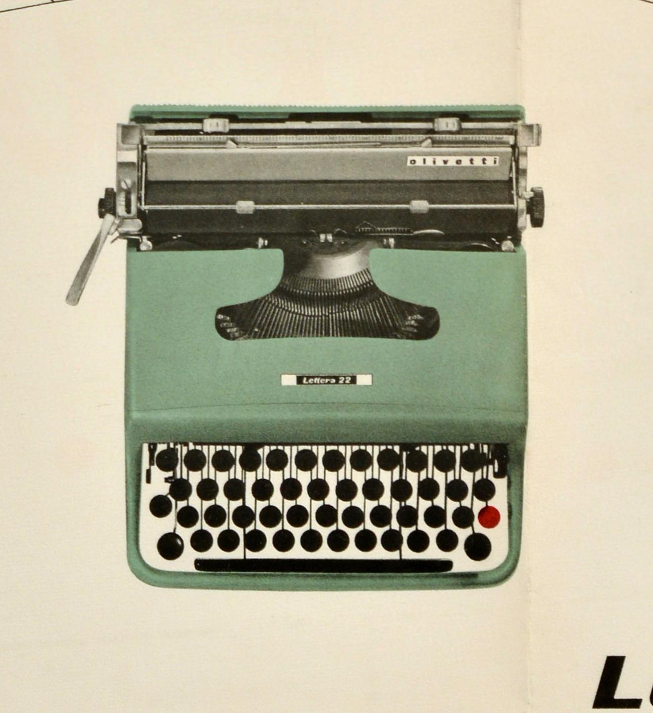 Original vintage advertising poster for the Olivetti Lettera 22 typewriter model featuring a great mid-century graphic design depicting colourful lines, arches and dots above a photograph of a new Olivetti typewriter with the stylised title text
