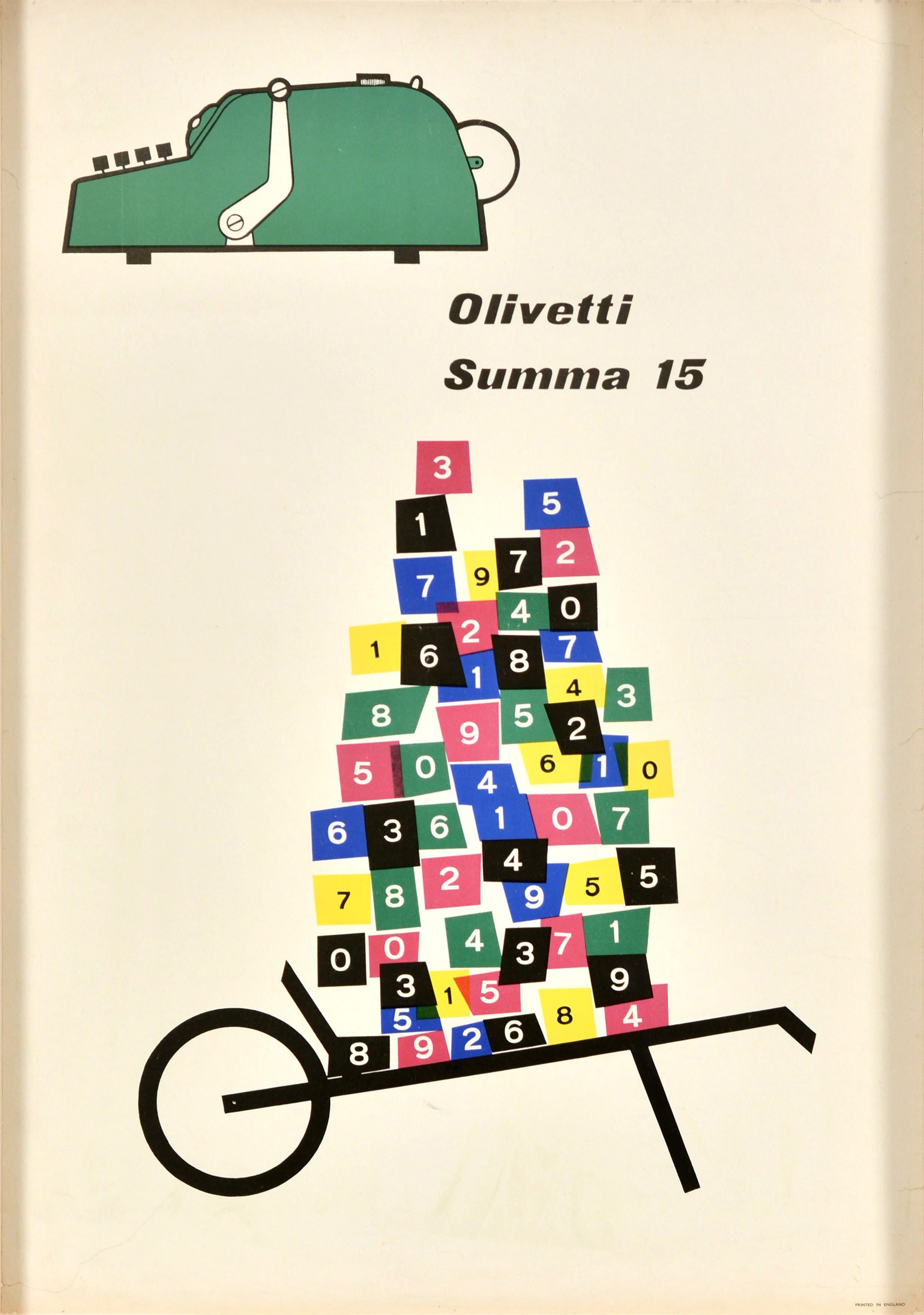 Poster pubblicitario originale d'epoca per la macchina da stampa e addizione meccanica manuale Olivetti Summa 15, progettata da Natale Capellaro (1902-1977) e Marcello Nizzoli (1887-1969) nel 1949. Grande illustrazione di metà secolo con una