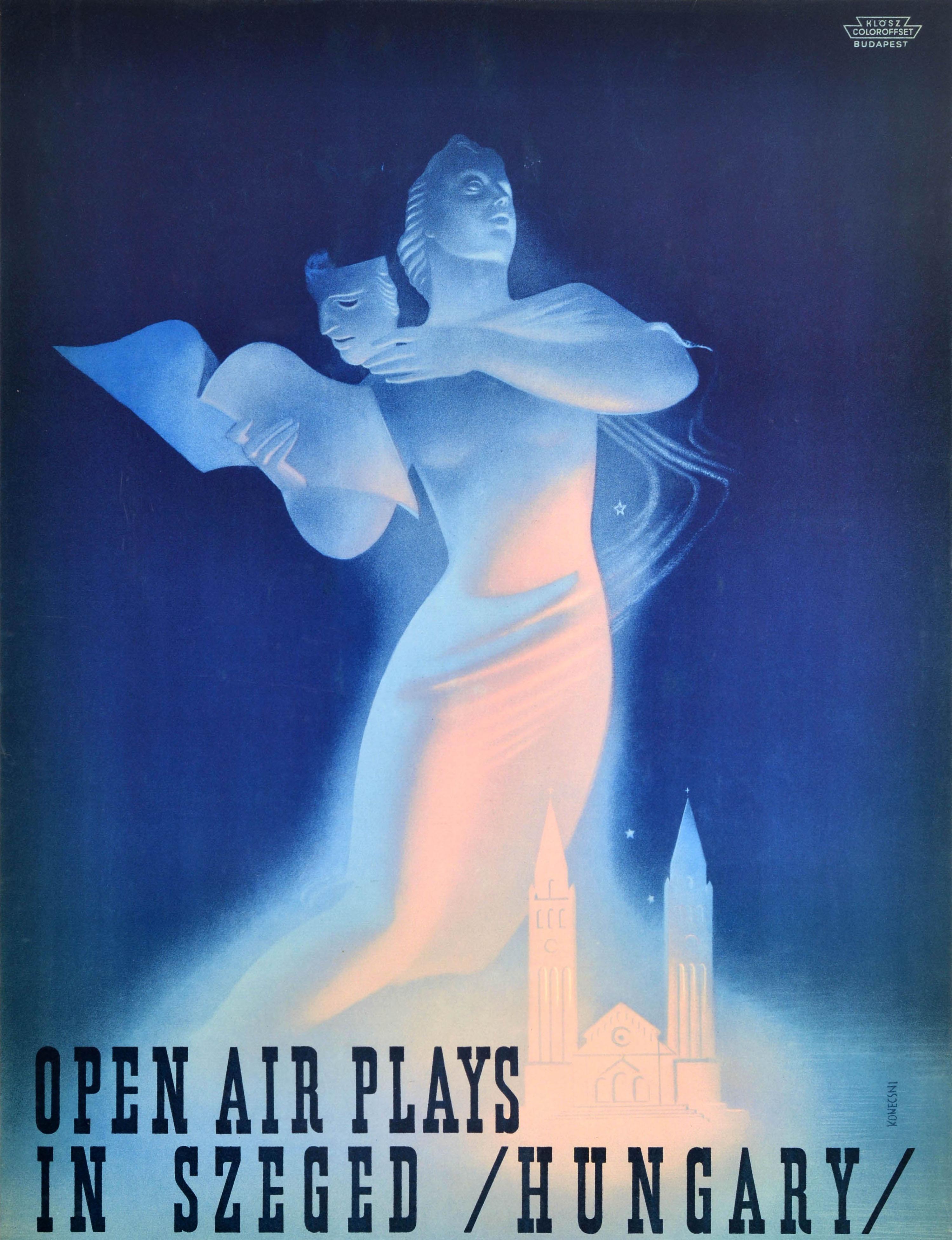 Original vintage advertising poster for the Open Air Plays in Szeged Hungary from 28 July to 15 August 1939 including Aida The Tragedy of Man Hungarian Passion Play Byzantium Turandot Concerts featuring a great Art Deco illustration depicting the