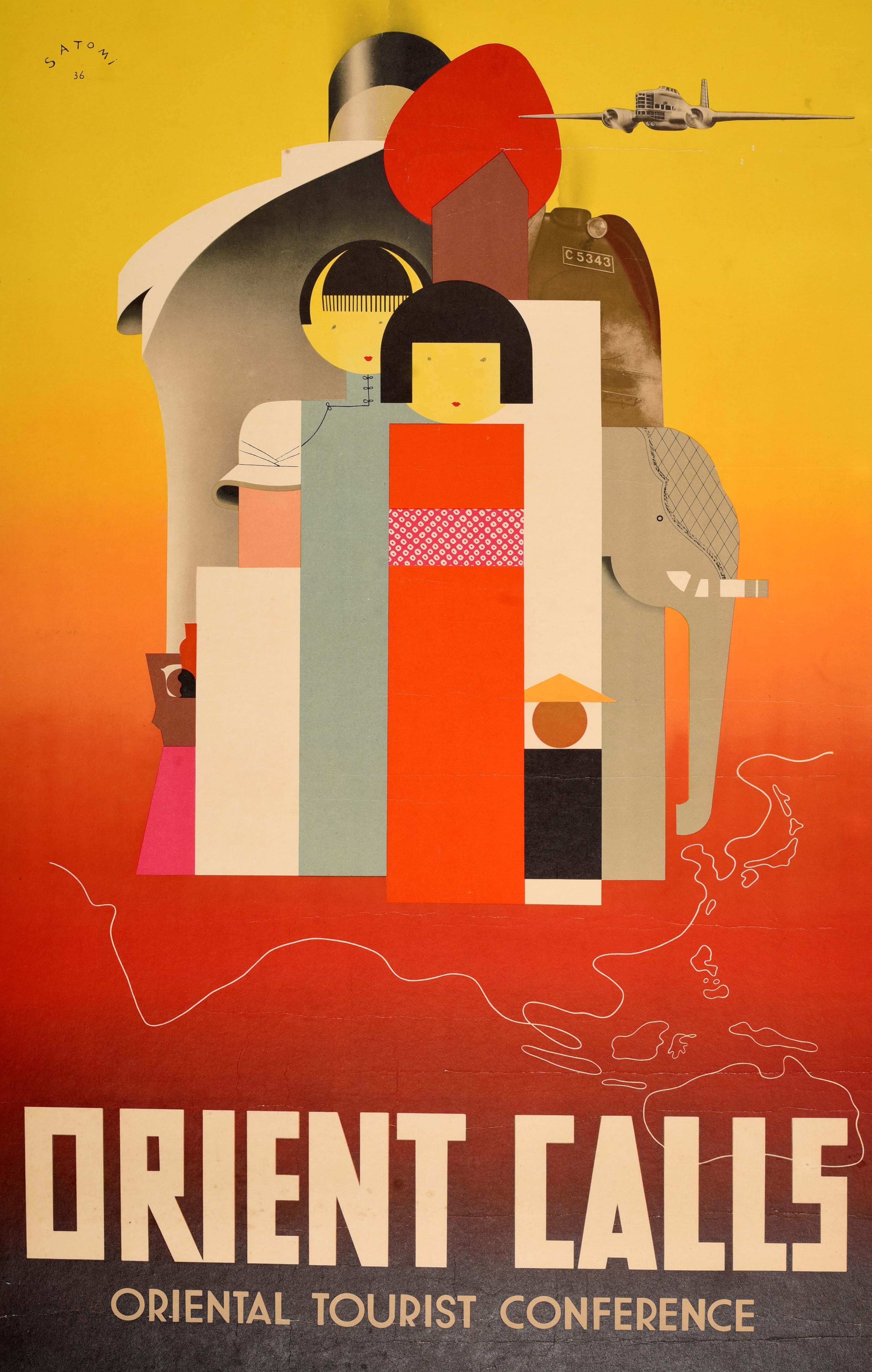 Manifesto pubblicitario originale d'epoca - Orient Calls Oriental Tourist Conference - con le colorate opere d'arte del noto grafico giapponese Munetsugu Satomi (1904-1996) che raffigurano illustrazioni stilizzate di persone in abiti tradizionali,