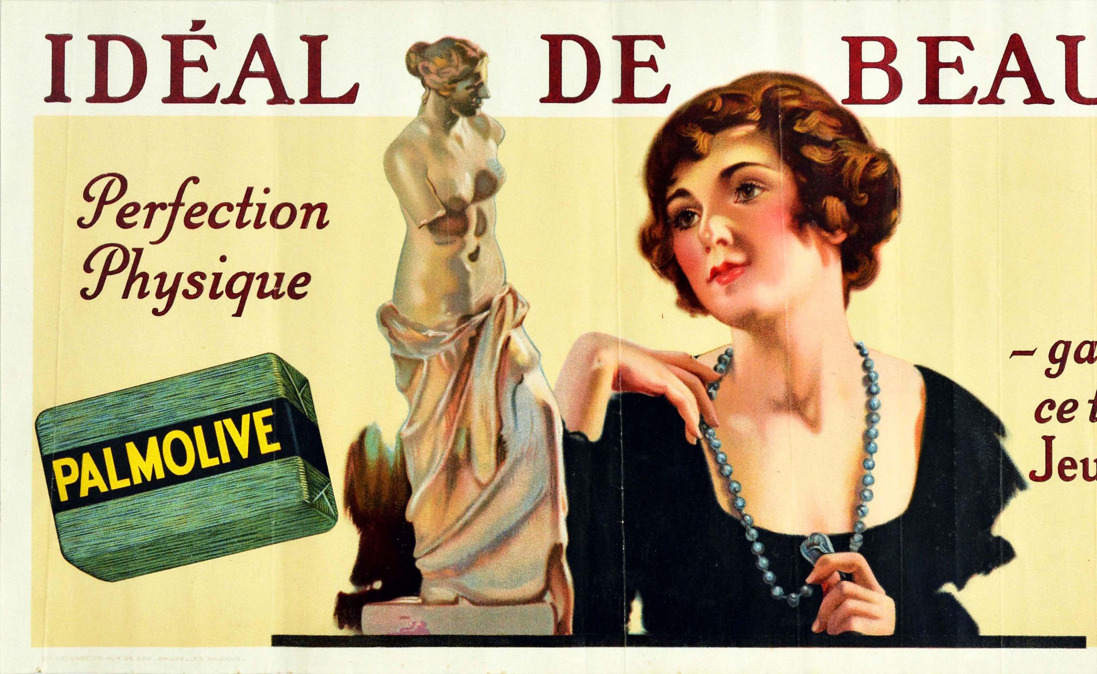 Original vintage advertising poster for Palmolive soap - Ideal de Beaute Perfection Physique gardez ce teint de Jeune Fille / Ideal beauty Physical perfection Maintain the complexion of a young girl - featuring a pretty young lady with brown curly