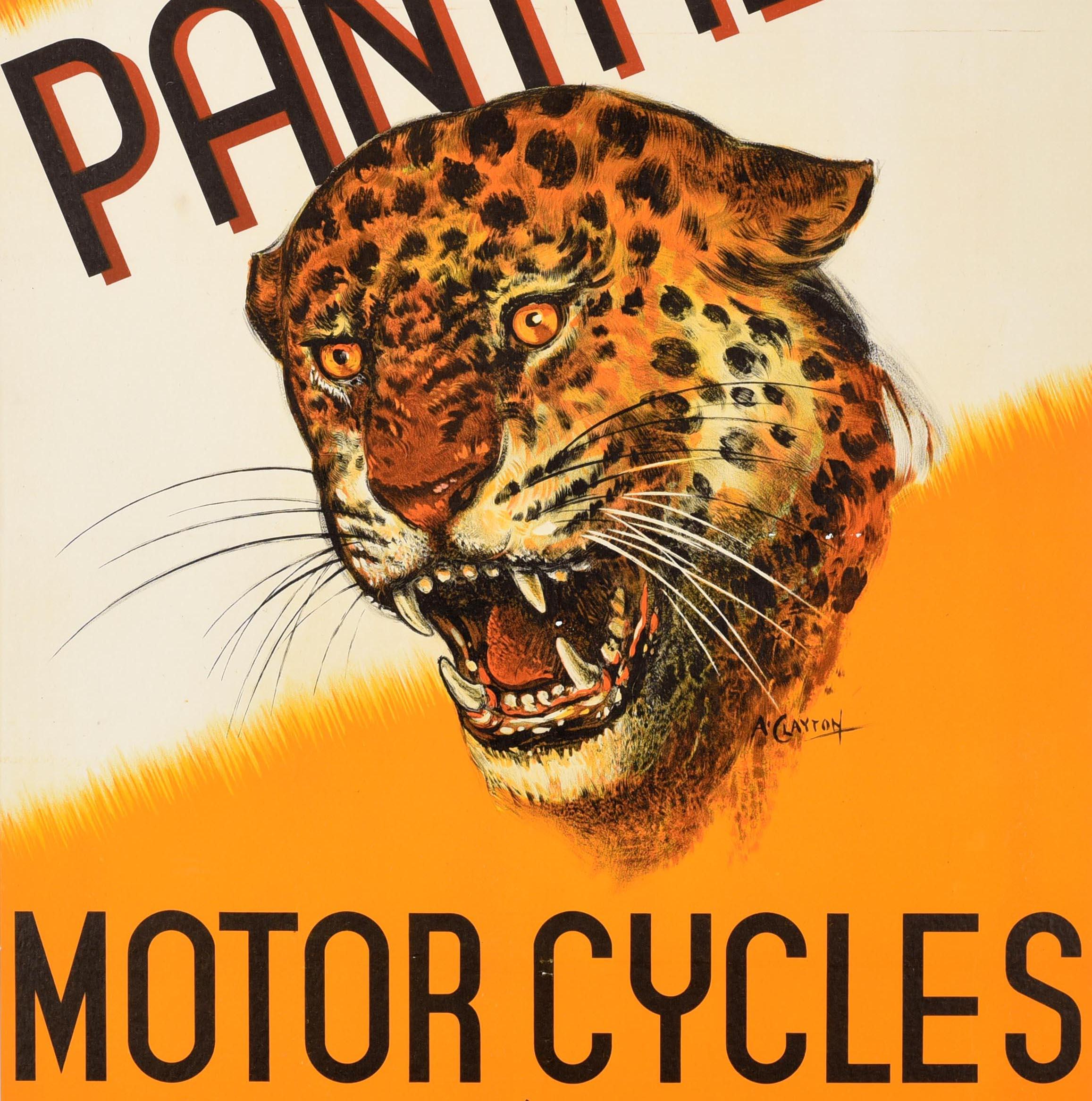Original vintage advertising poster for Panther Motor Cycles Powered for Mastery Phelon & Moore Ltd Cleckheaton and London. Great image of a jaguar baring its teeth against a dynamic yellow and white background, the title in bold black and deep red