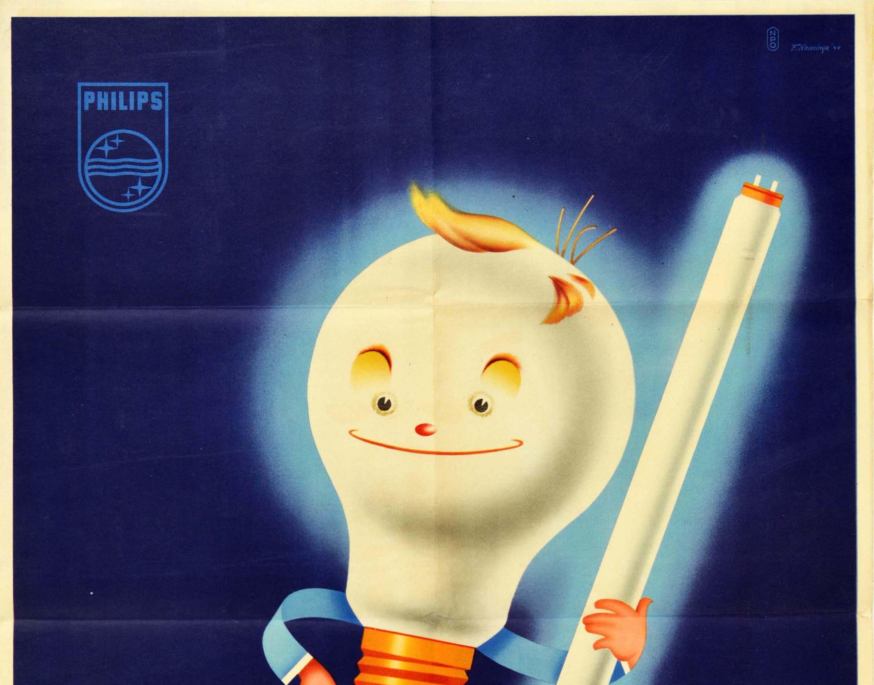 Original vintage advertising poster for Philips light bulbs featuring a fun design by Frank Nanninga (1920-1999) depicting a cartoon lightbulb with arms and legs, a smiling face and blonde hair, holding a fluorescent tube lightbulb glowing on the