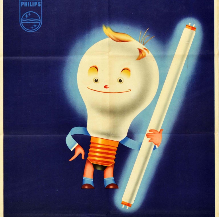 Original Vintage Advertising Poster Philips Lighting Smiling Light Bulb Design In Good Condition For Sale In London, GB