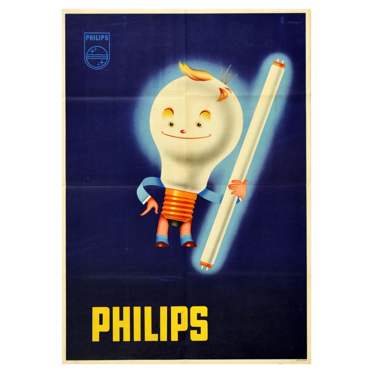 Original Vintage Advertising Poster Philips Lighting Smiling Light Bulb Design For Sale
