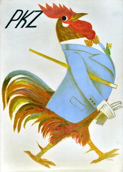 Poster pubblicitario originale d'epoca PKZ Rooster Moda Uomo Alois Carigiet