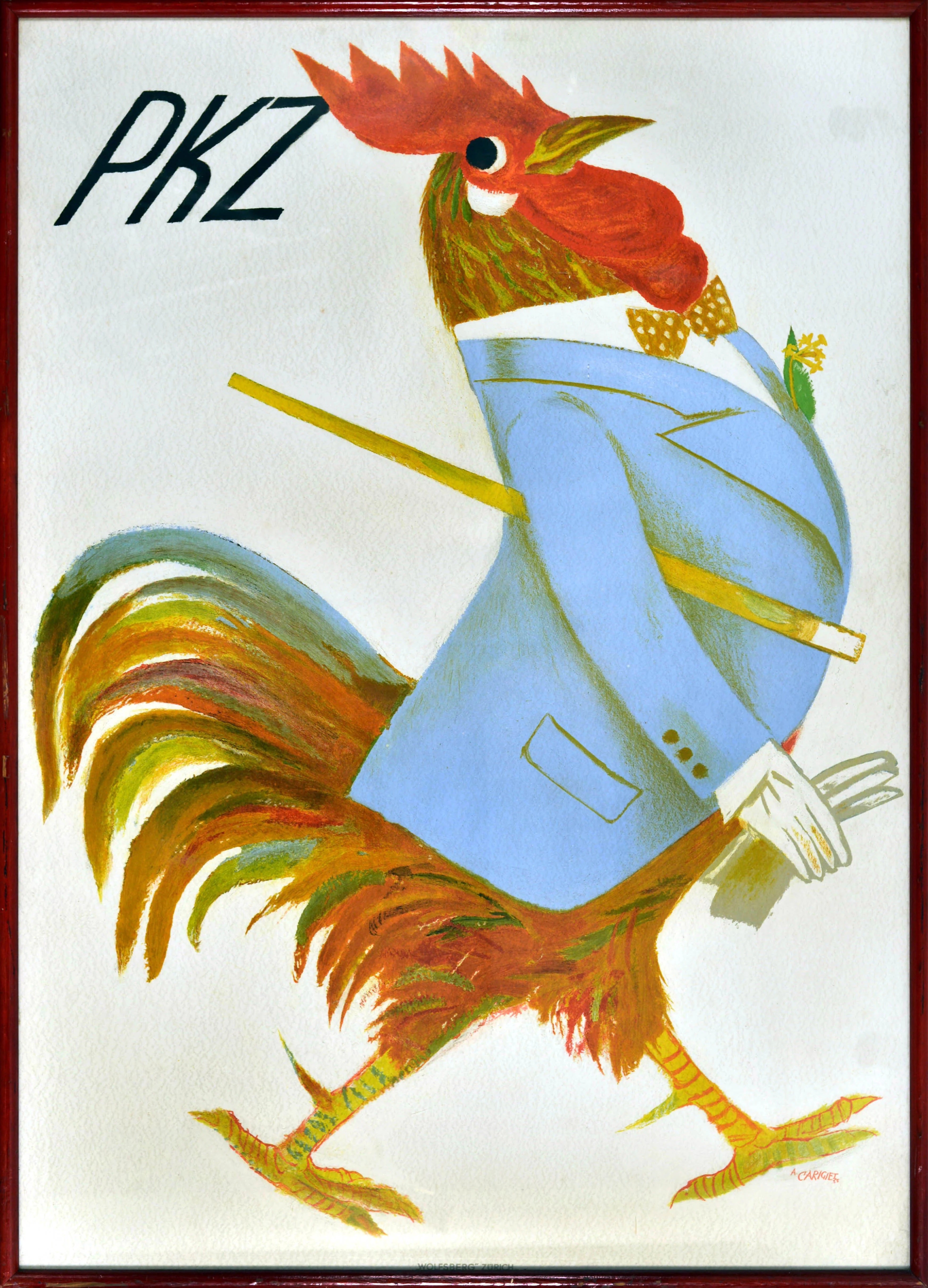 Original Vintage Advertising Poster PKZ Rooster Mens Fashion Alois Carigiet