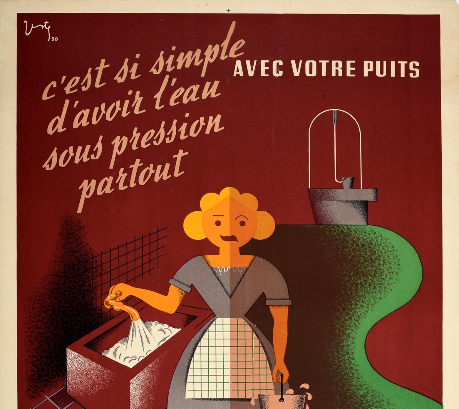 Original-Werbeplakat für Pompes Jeumont-Pumpen - Es ist so einfach, überall Wasser unter Druck zu haben / C'est si simple d'avoir l'eau sous pression partout - mit einem farbenfrohen modernistischen Design, das eine den Betrachter anblickende Dame