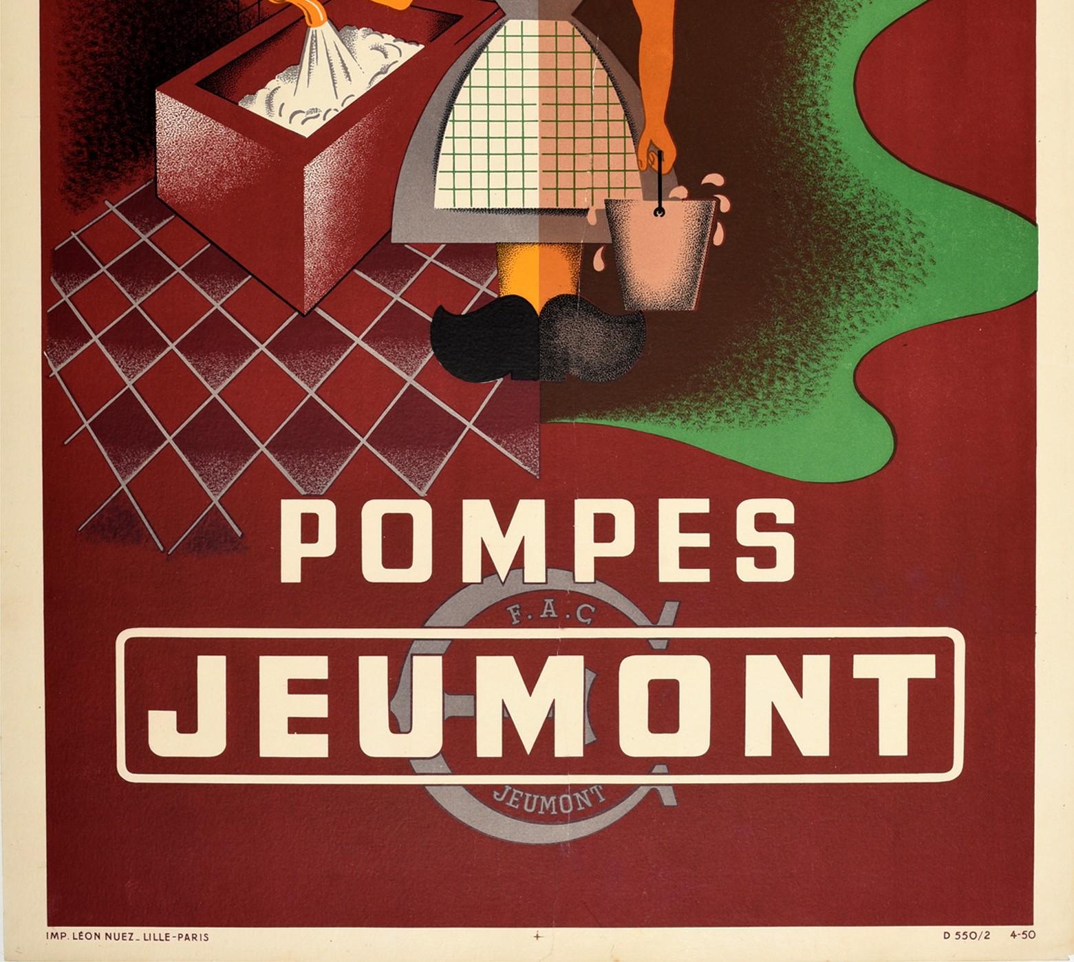 Mid-Century Modern Original Vintage Advertising Poster Pompes Jeumont Water Pumps Modernist Design For Sale