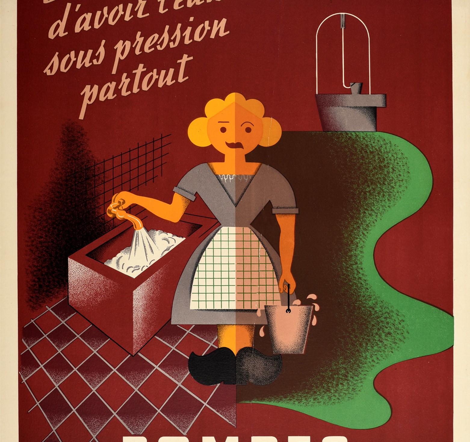 French Original Vintage Advertising Poster Pompes Jeumont Water Pumps Modernist Design For Sale