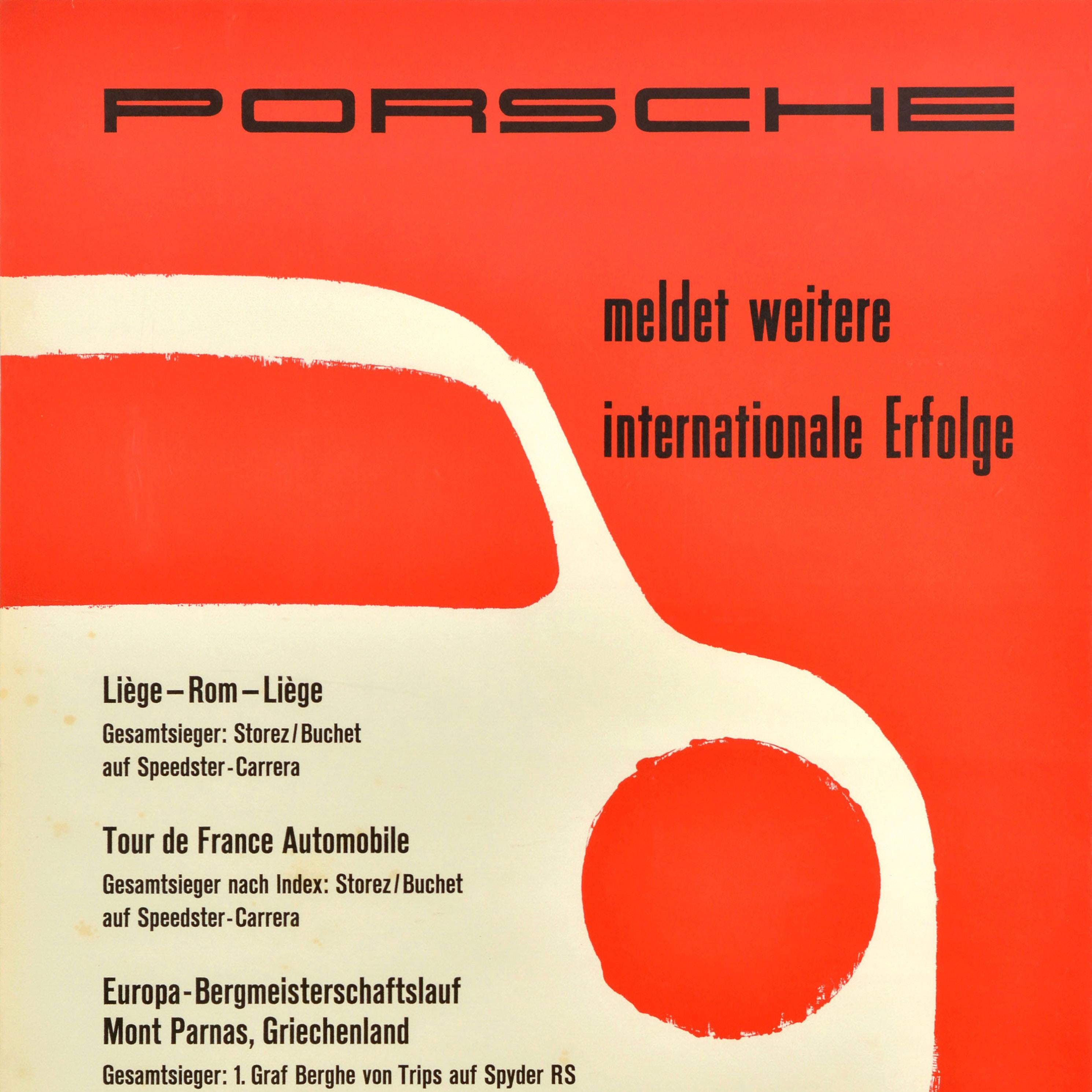 German Original Vintage Advertising Poster Porsche Car Racing International Success For Sale