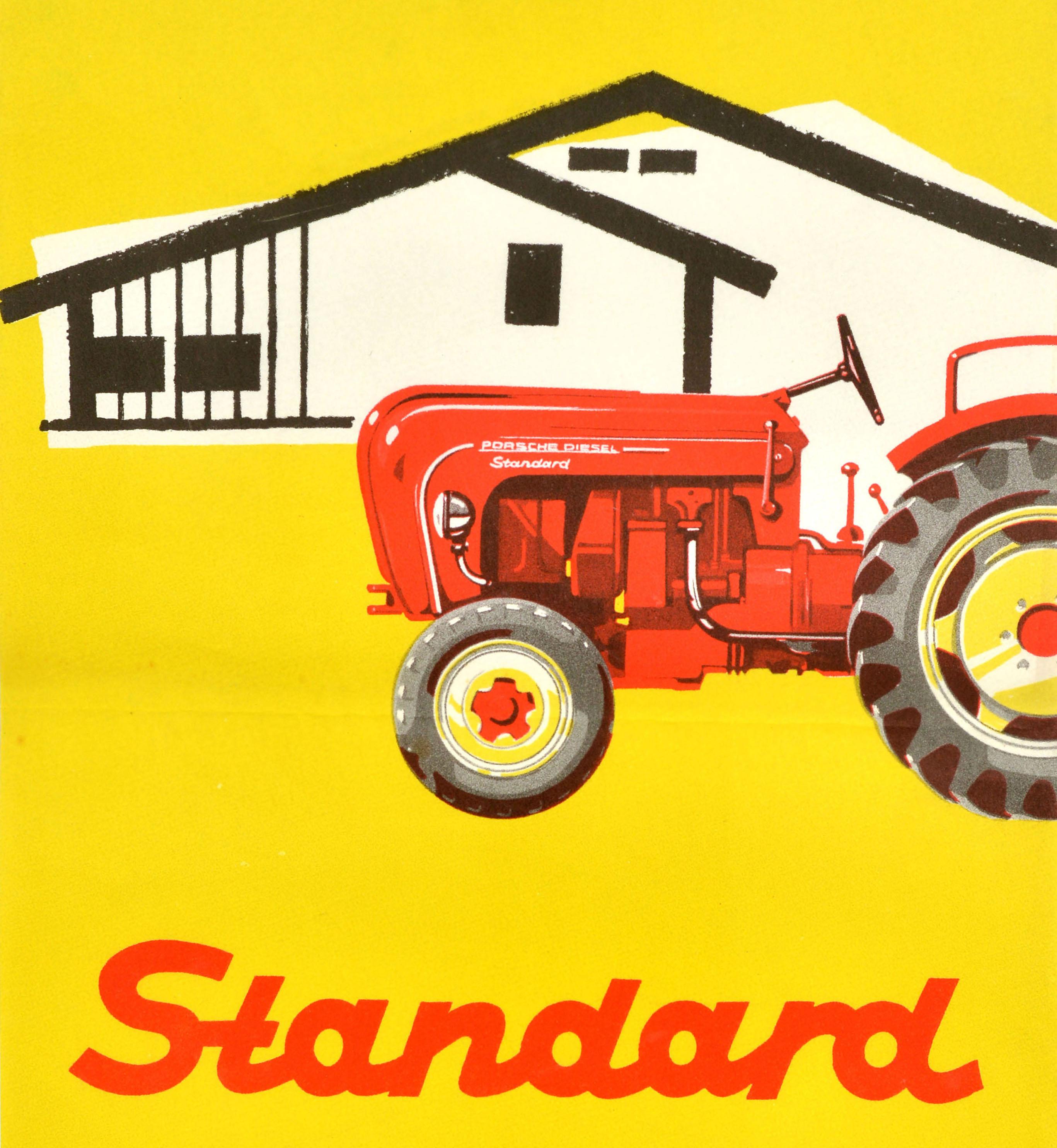 Poster pubblicitario d'epoca originale per Porsche-Diesel Standard fur den fortschrittlichen hof / Standard per l'aia progressiva con un disegno agricolo che raffigura un trattore Porsche Diesel rosso (prodotto da Porsche tra il 1957 e il 1963)