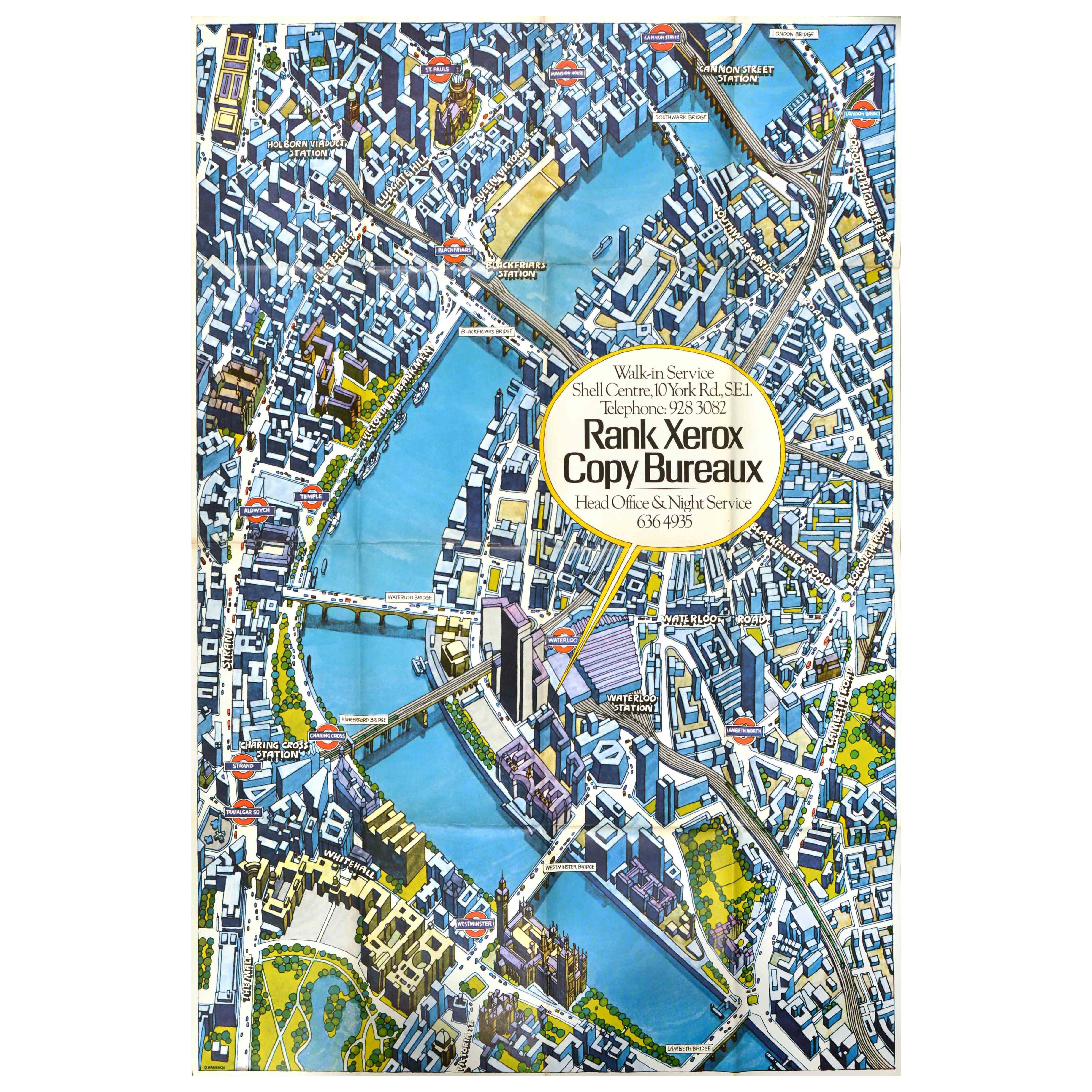 Poster pubblicitario originale d
epoca Rank Xerox Copy Bureaux London Map Thames in vendita