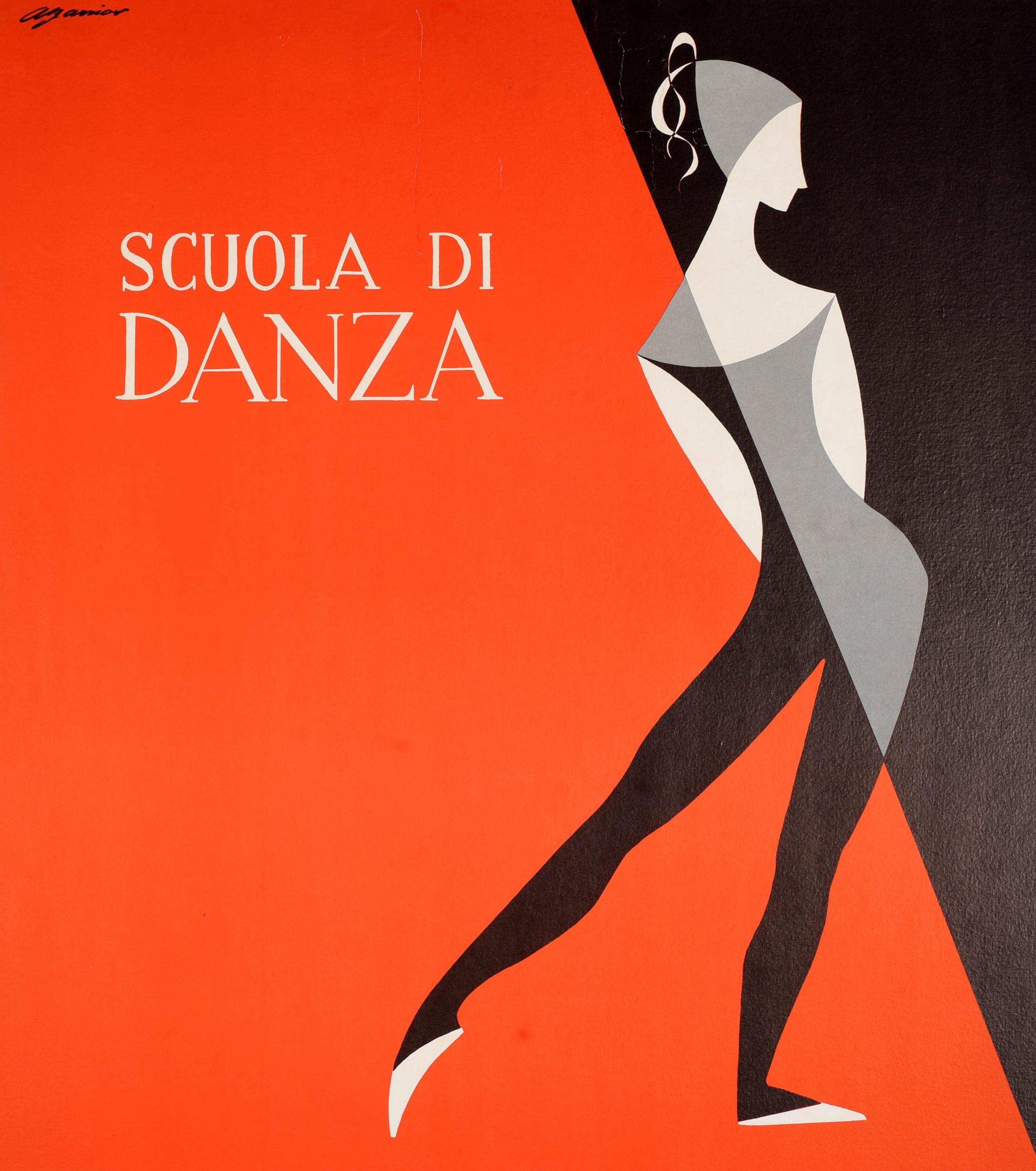 Original Vintage-Werbeplakat für die Scuola di Danza Sakharoff School of Dance in Rom Italien mit einem großen grafischen Design auf einem roten und schwarzen Darstellung einer Illustration in weiß, grau und schwarz einer Dame in einem Trikot mit