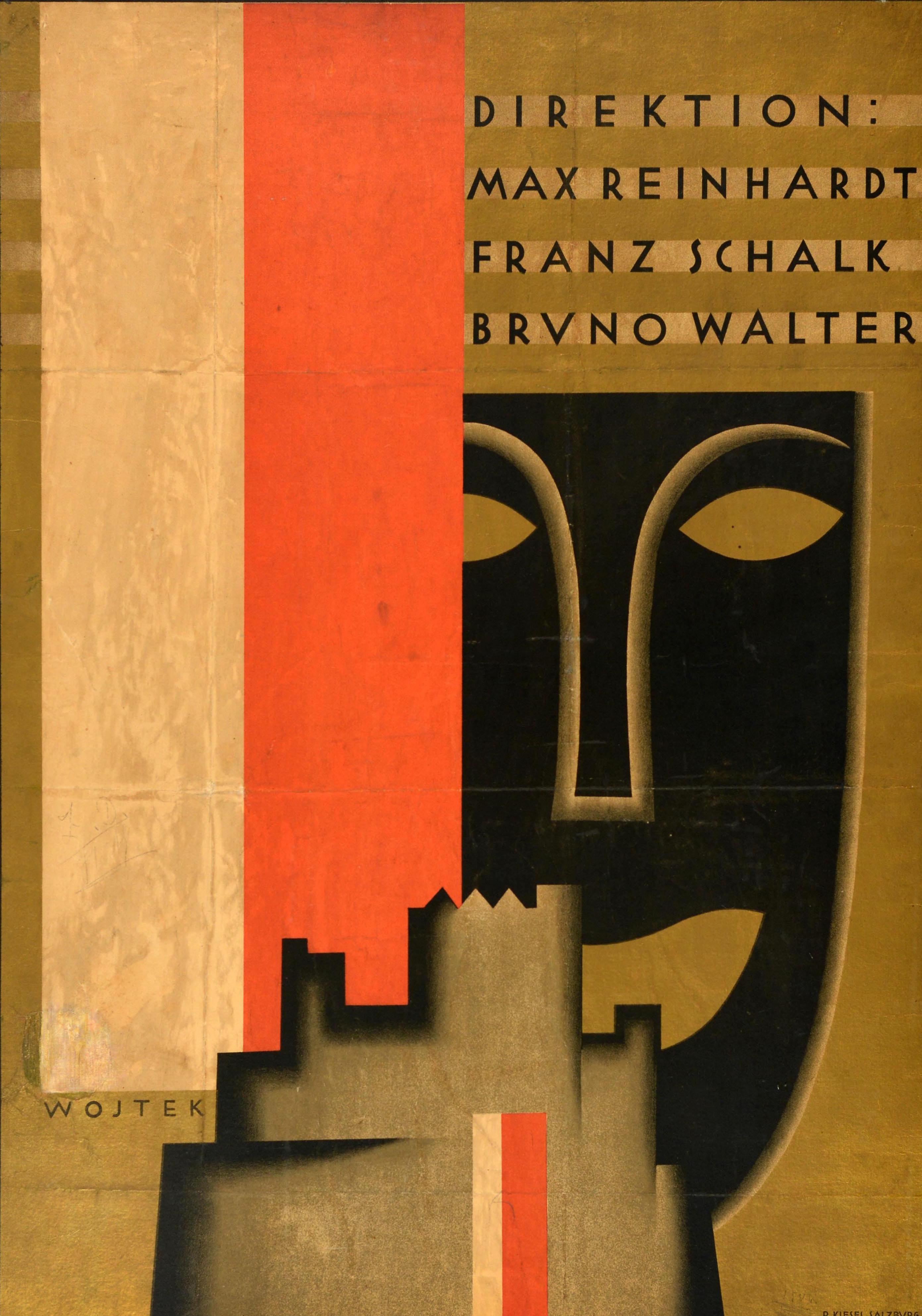 Original vintage advertising poster for the Salzburger Festspiele / Salzburg Festival from 26 July to 30 August 1928 under the management of Max Reinhardt, Franz Schalk and Bruno Walter, featuring a great design depicting an outline of a castle in