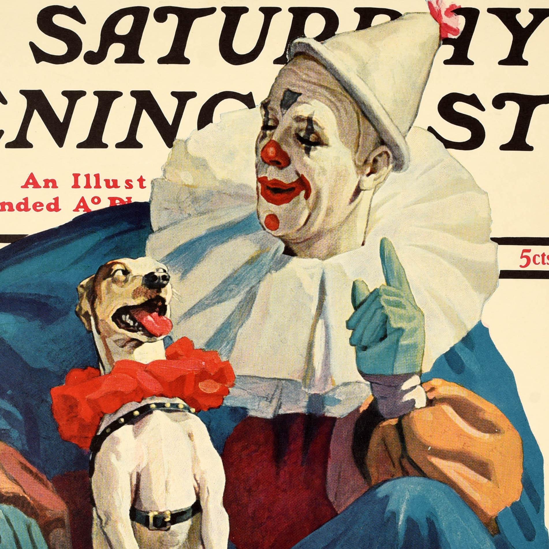 Original vintage advertising poster for the 3 June 1939 issue of The Saturday Evening Post illustrated magazine featuring a clown in a blue and red polka dot outfit teaching a dog tricks on a white and red star stool, the title text above and book