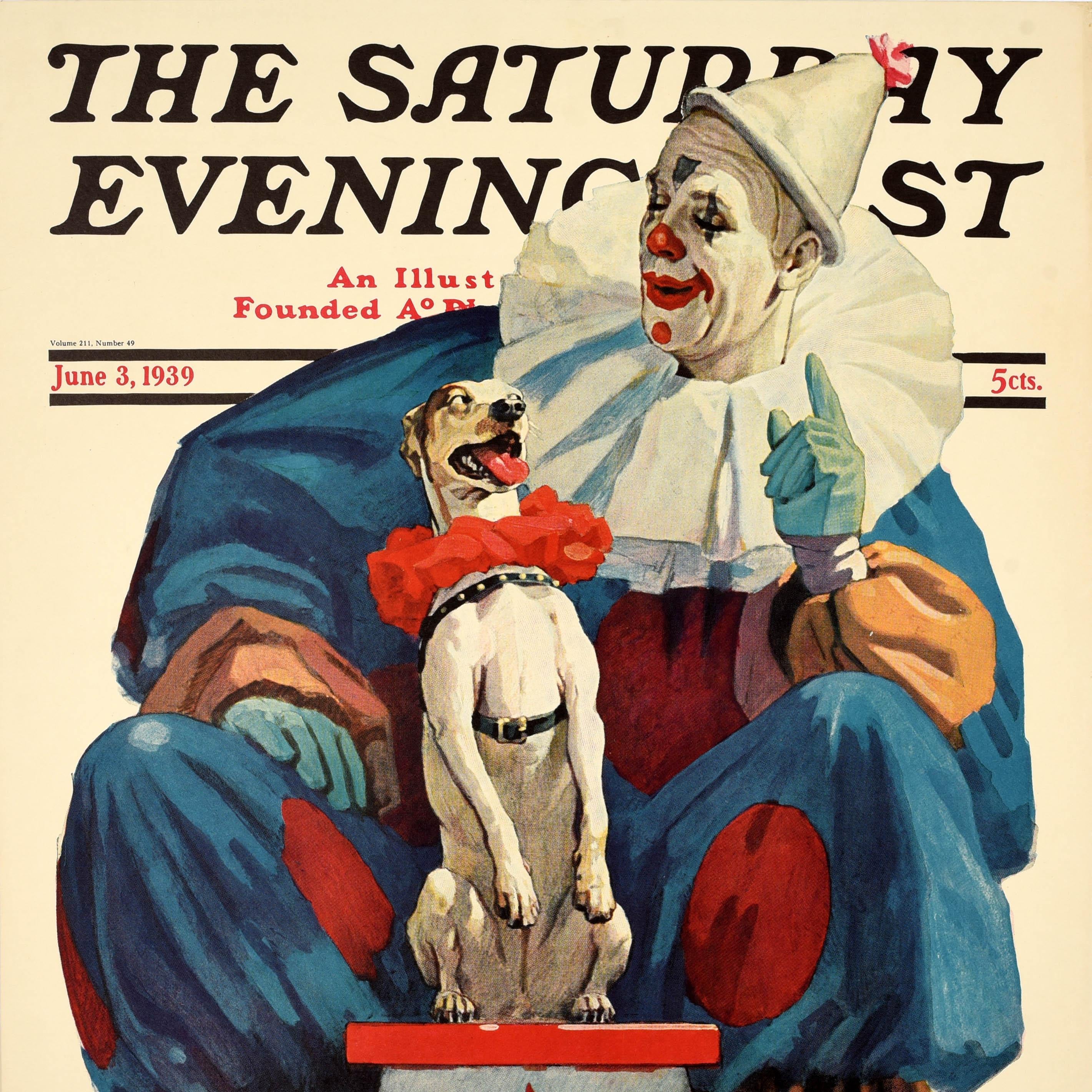 American Original Vintage Advertising Poster Saturday Evening Post Clown Pooch Dog For Sale