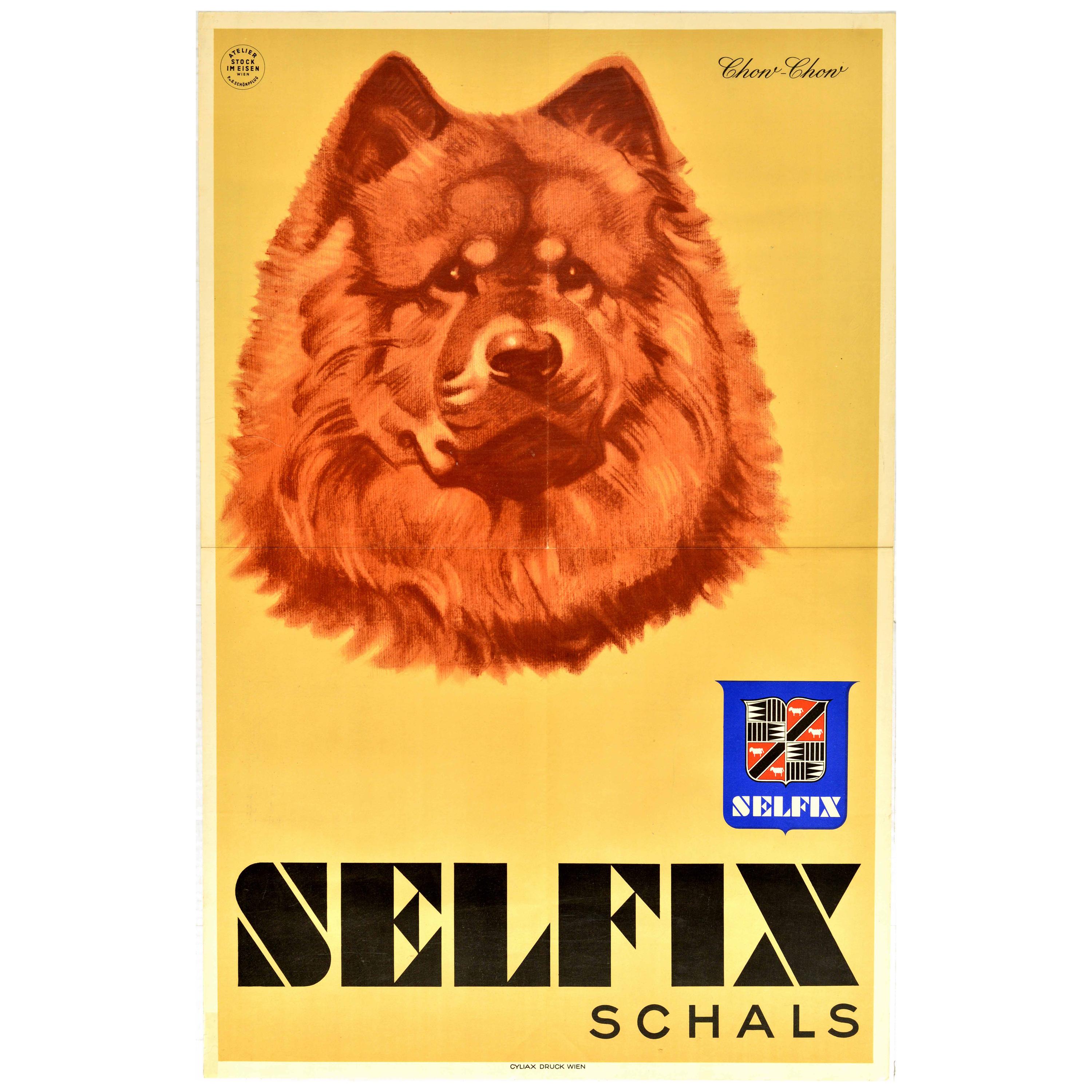 Affiche publicitaire vintage originale, Selfix Schals, dessin d'un chow-chow