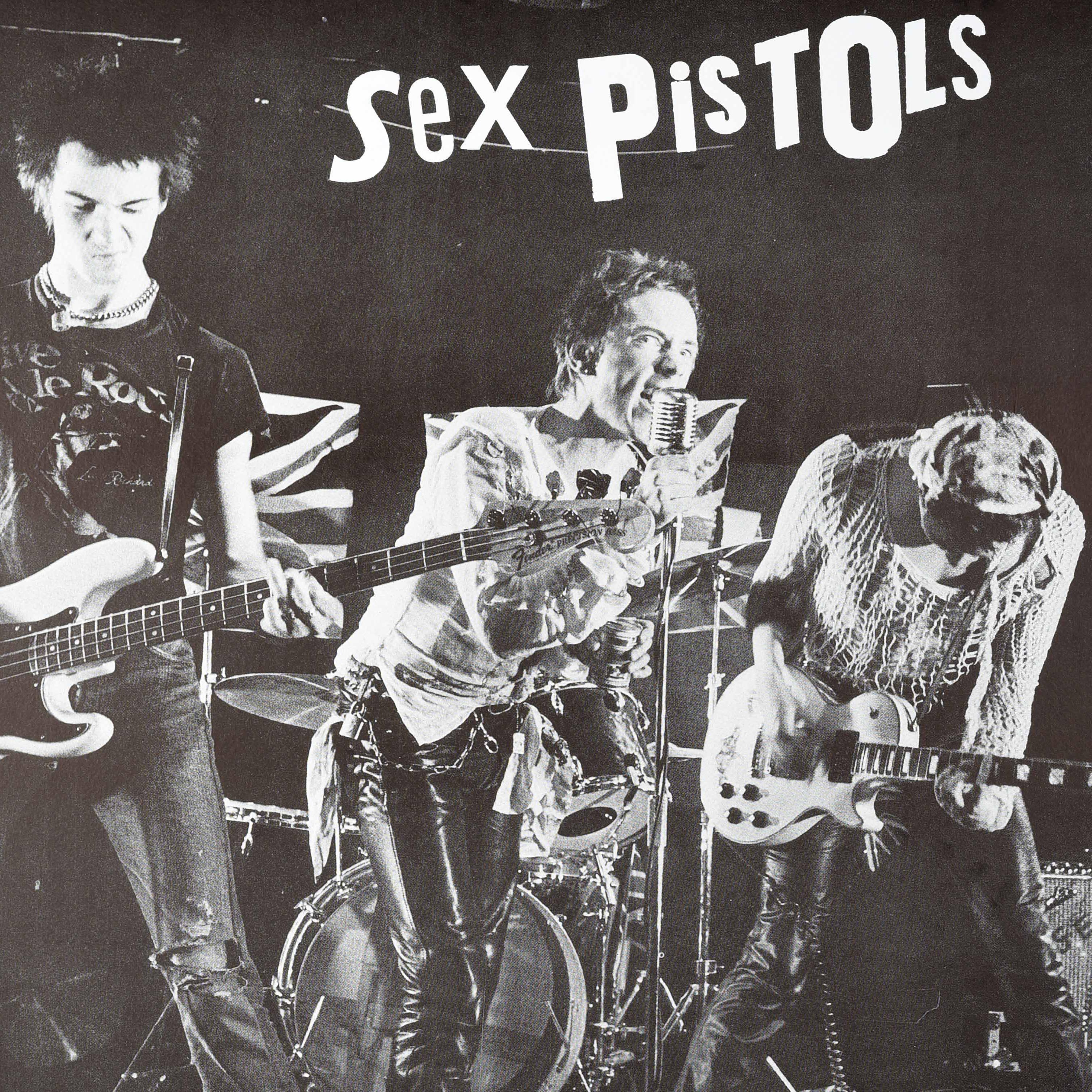 Original vintage music tour advertising poster for the debut single released by the influential English punk rock band the Sex Pistols (1975-1978 and later reunions) in 1976 - Sex Pistols Anarchy in the UK - featuring a black and white photo of the