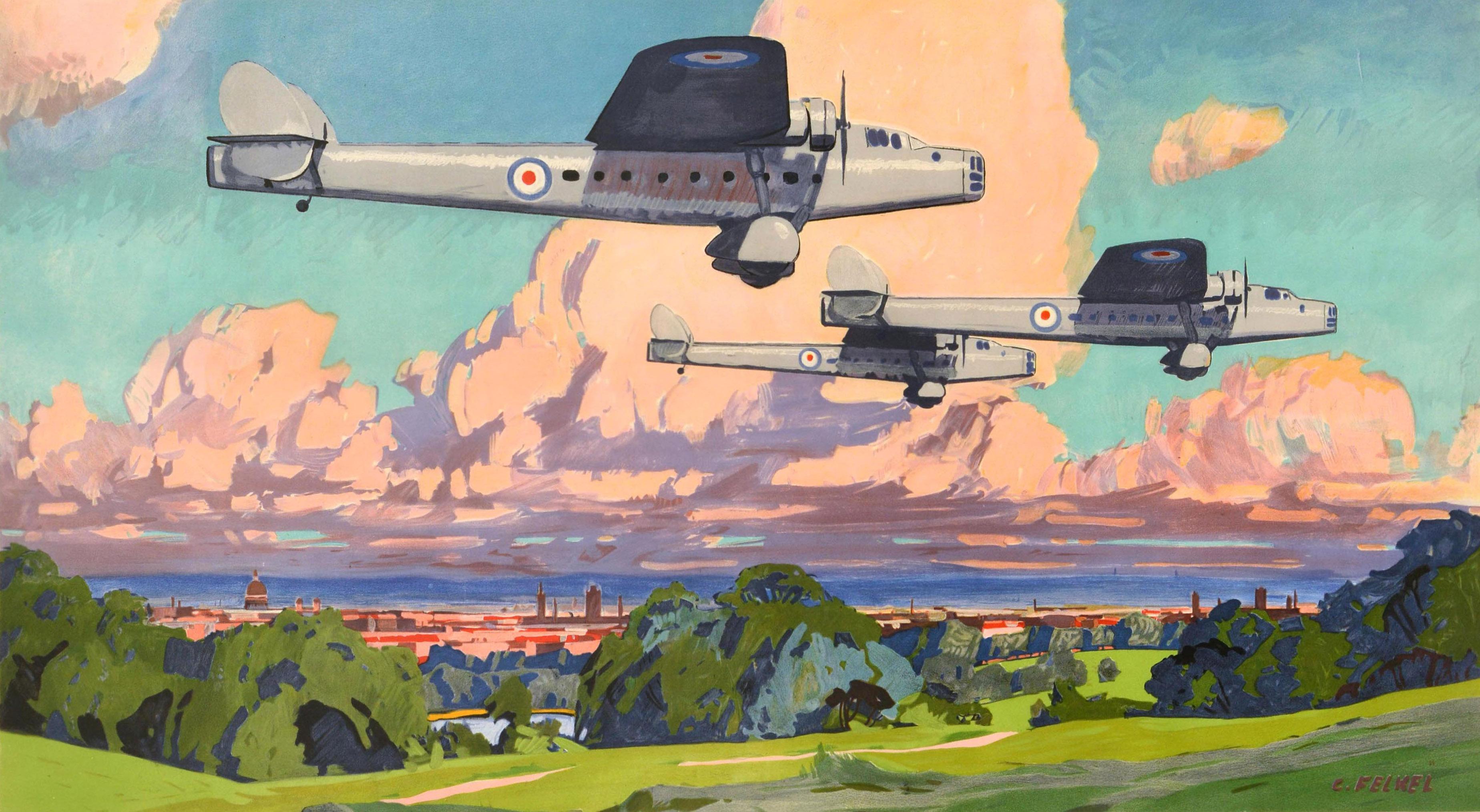 Poster pubblicitario originale d'epoca - Per High Performance Lubrication di Shell - con un dinamico disegno di Carl Felkel (1896-1973) che raffigura una vista panoramica di tre bombardieri della Royal Air Force RAF Bristol Bombay che volano sopra