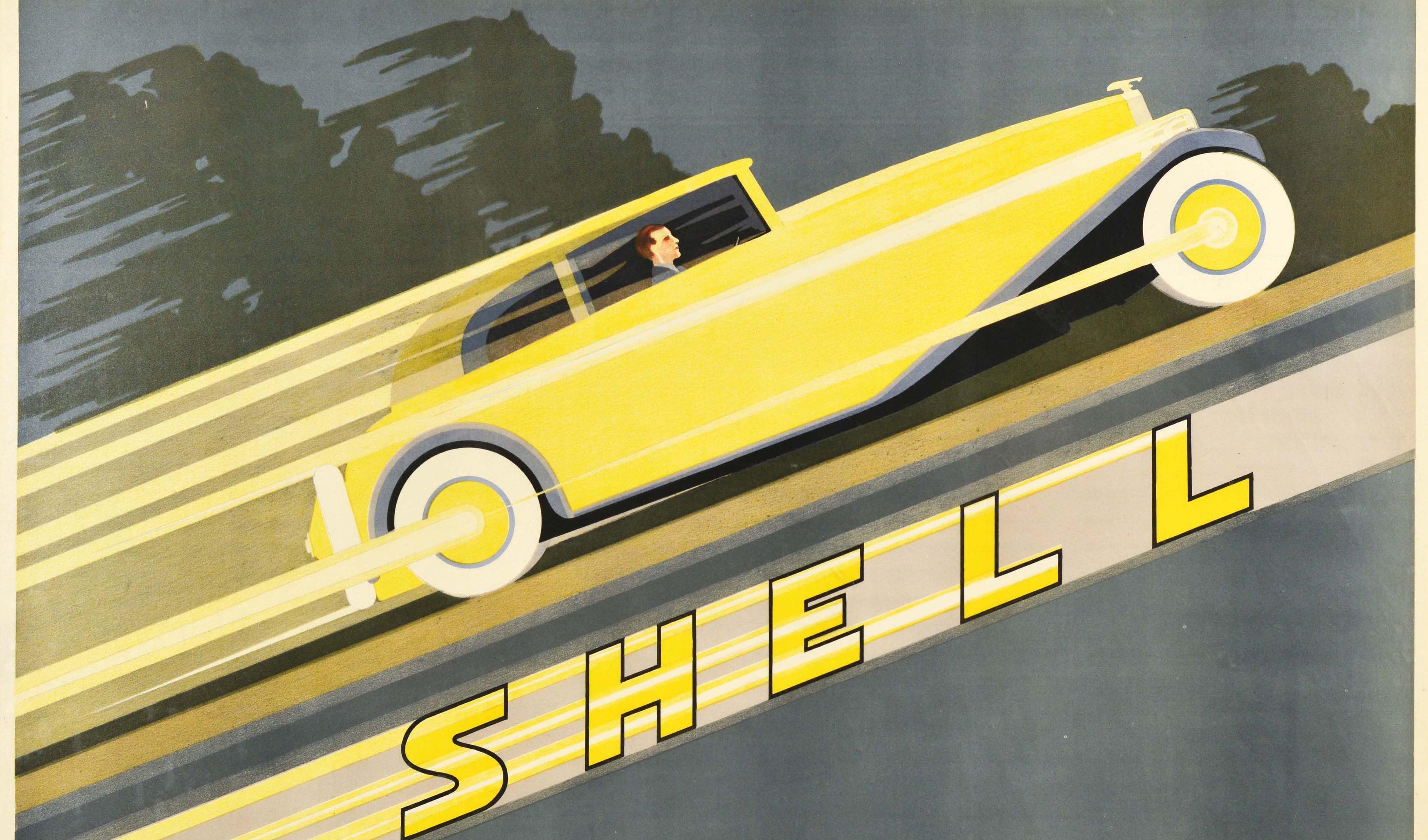 Original vintage advertising poster for Shell's superior quality petrol featuring a stunning Art Deco design of a Classic car in yellow driving at speed diagonally up a hill across the image with trees in the background and the stylised lettering in