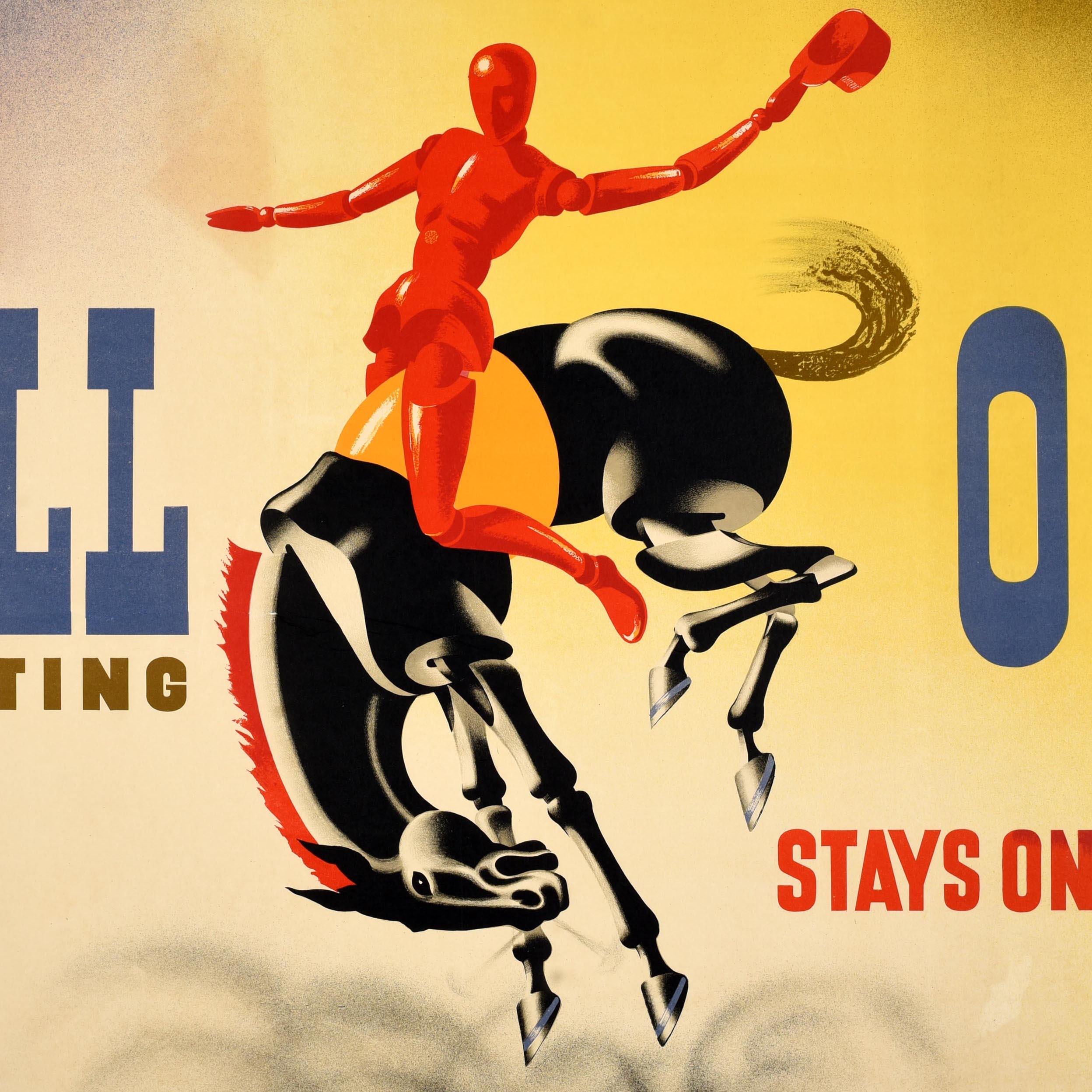 Poster pubblicitario originale d'epoca per Shell Oil Stays On The Job con un grande disegno del noto graphic designer britannico Abram Games (Abraham Gamse; 1914-1996) che raffigura un uomo come manichino d'artista in rosso con il cappello in mano