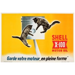 Original Vintage Advertising Poster Shell X-100 Motor Oil Engine Kittens Design