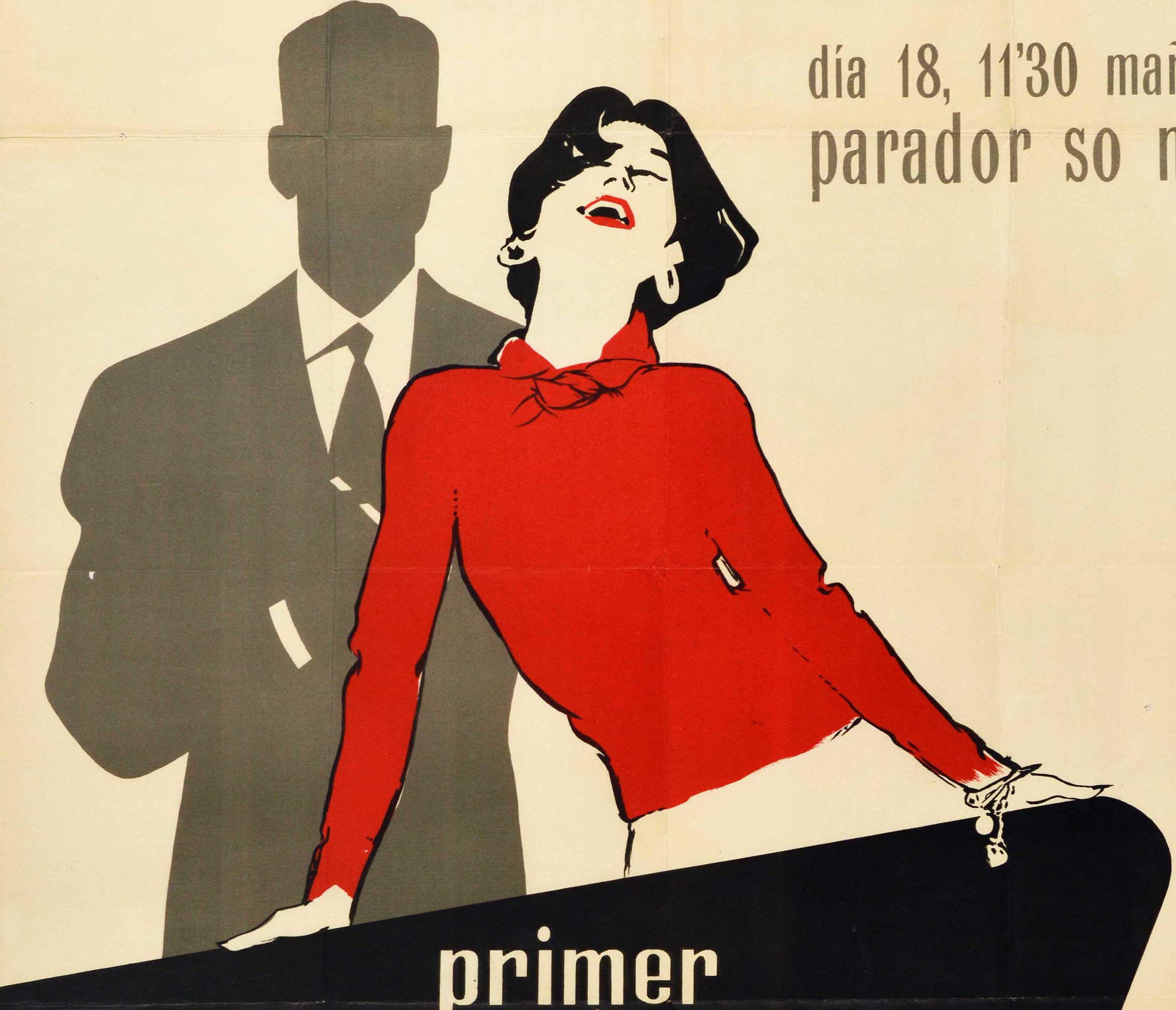 Original vintage advertising poster for the First Spanish Fashion Contest / Primer Certamen Espanol de la Moda featuring an illustration of a smiling lady with short black hair dressed in a red top and leaning on a table with a silhouette of a man