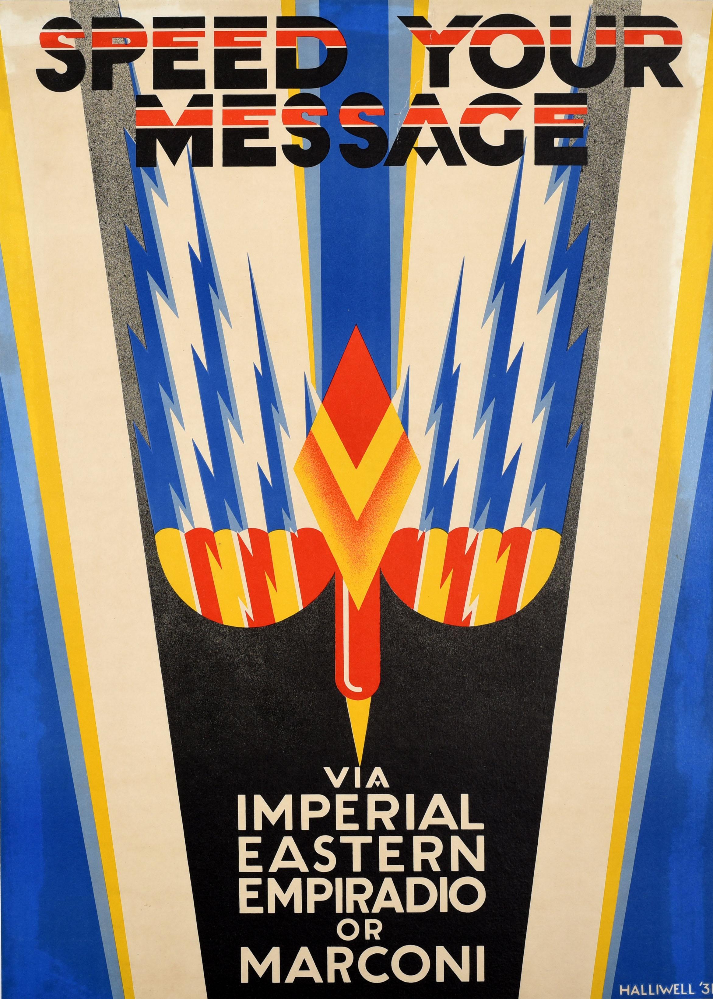 Original vintage Art Deco poster advertising British radio telecommunication services - Speed your message via Imperial Eastern Empiradio or Marconi - featuring a stunning geometric design of a red and yellow winged stylised bird in a pointed bullet