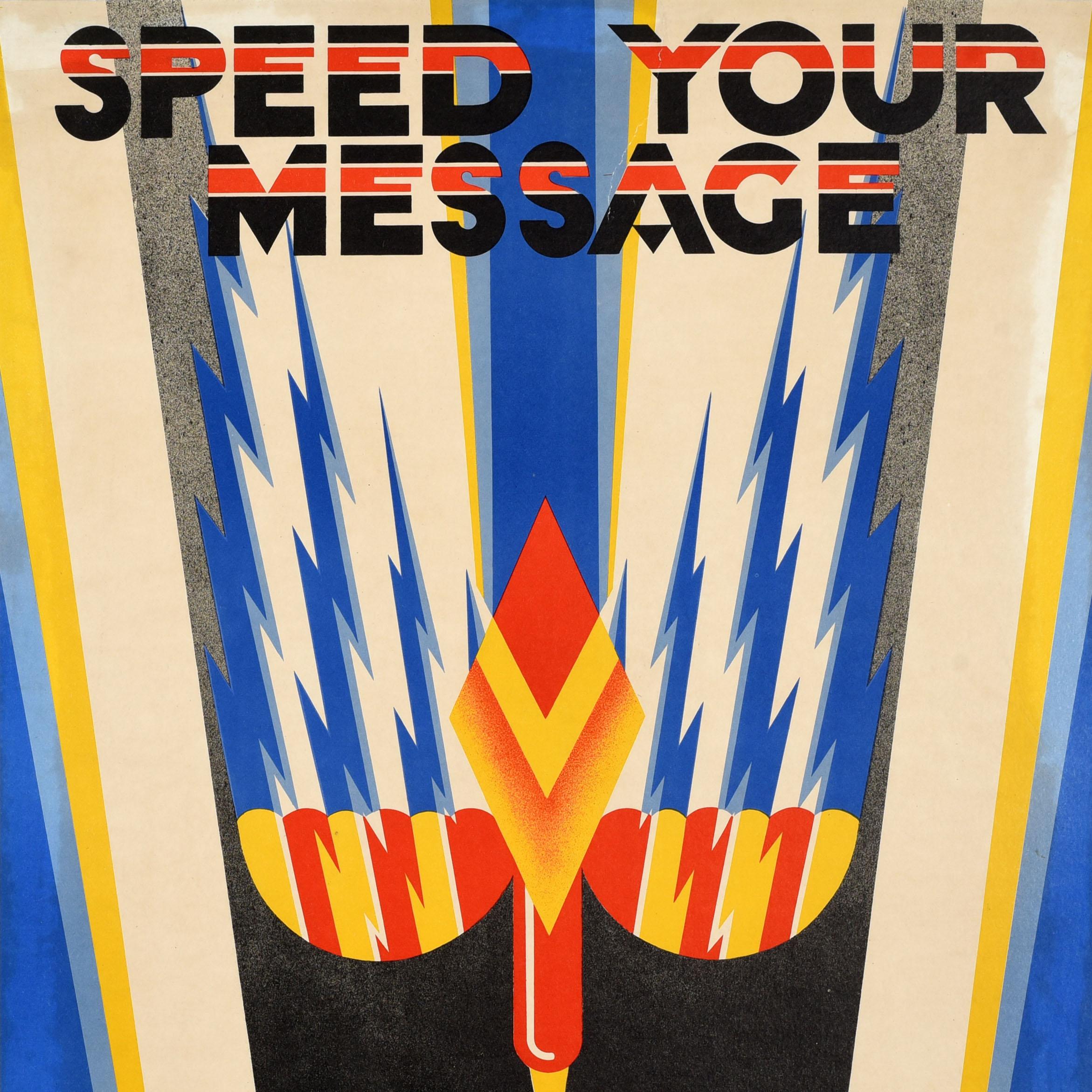 British Original Vintage Advertising Poster Speed Your Message Imperial Radio Art Deco For Sale