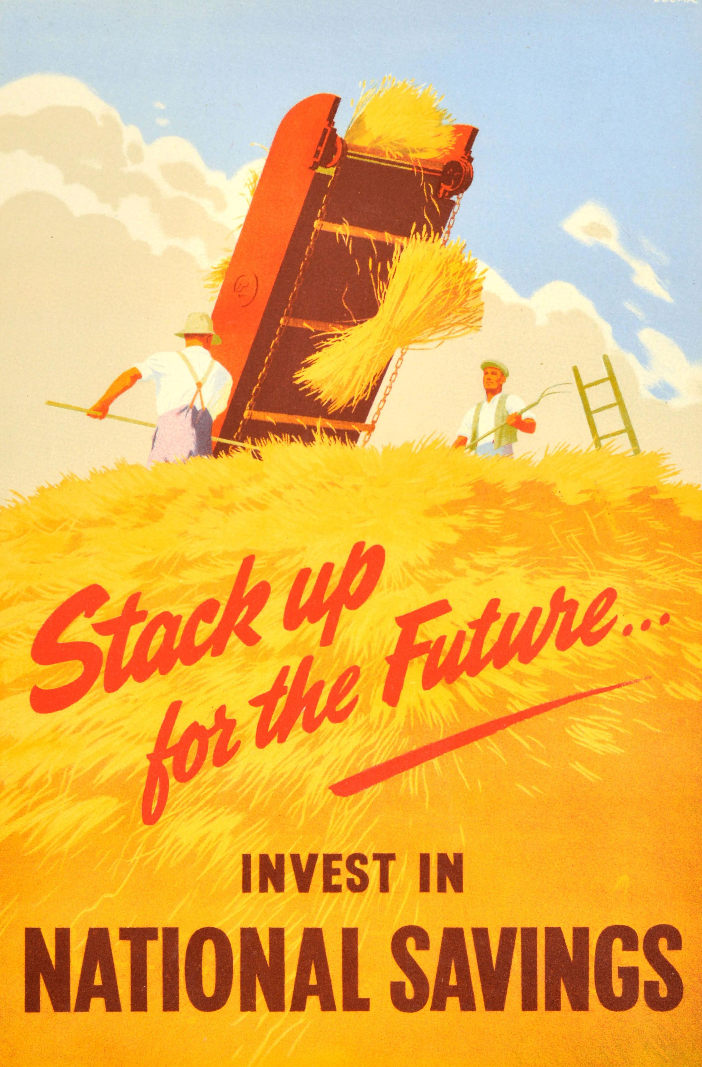 Original vintage advertising poster - Stack up for the Future... Invest in National Savings - featuring an illustration of farm workers stacking up hay in front of the blue sky with the bold stylised text across the image and below. Issued by the