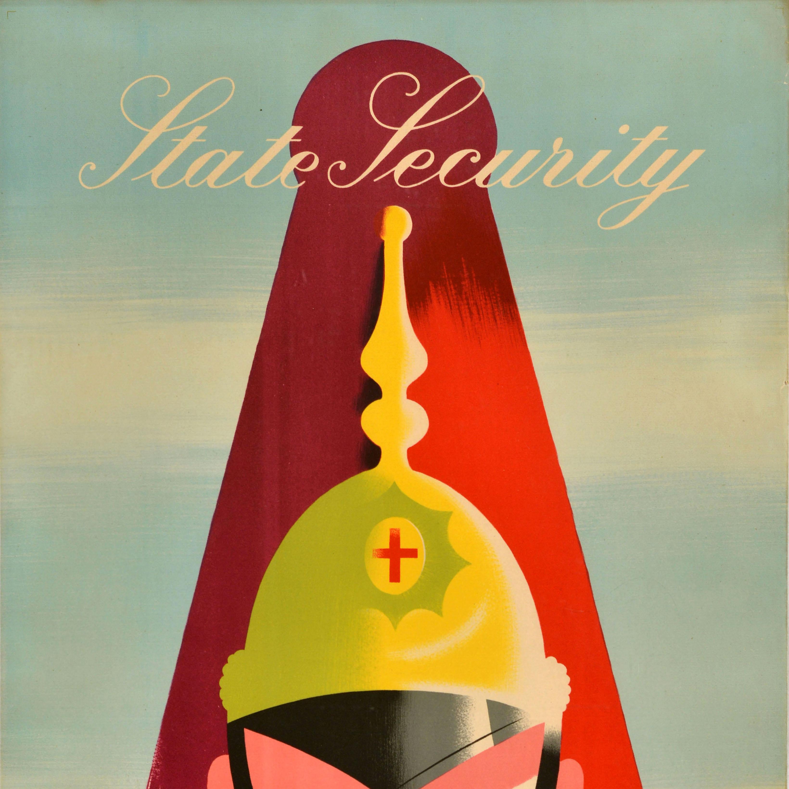 Affiche publicitaire originale d'époque - State Security Post Office Savings Bank - présentant un dessin coloré du milieu du siècle par le célèbre artiste Tom Eckersley (1914-1997) représentant une illustration stylisée d'un garde de la Household
