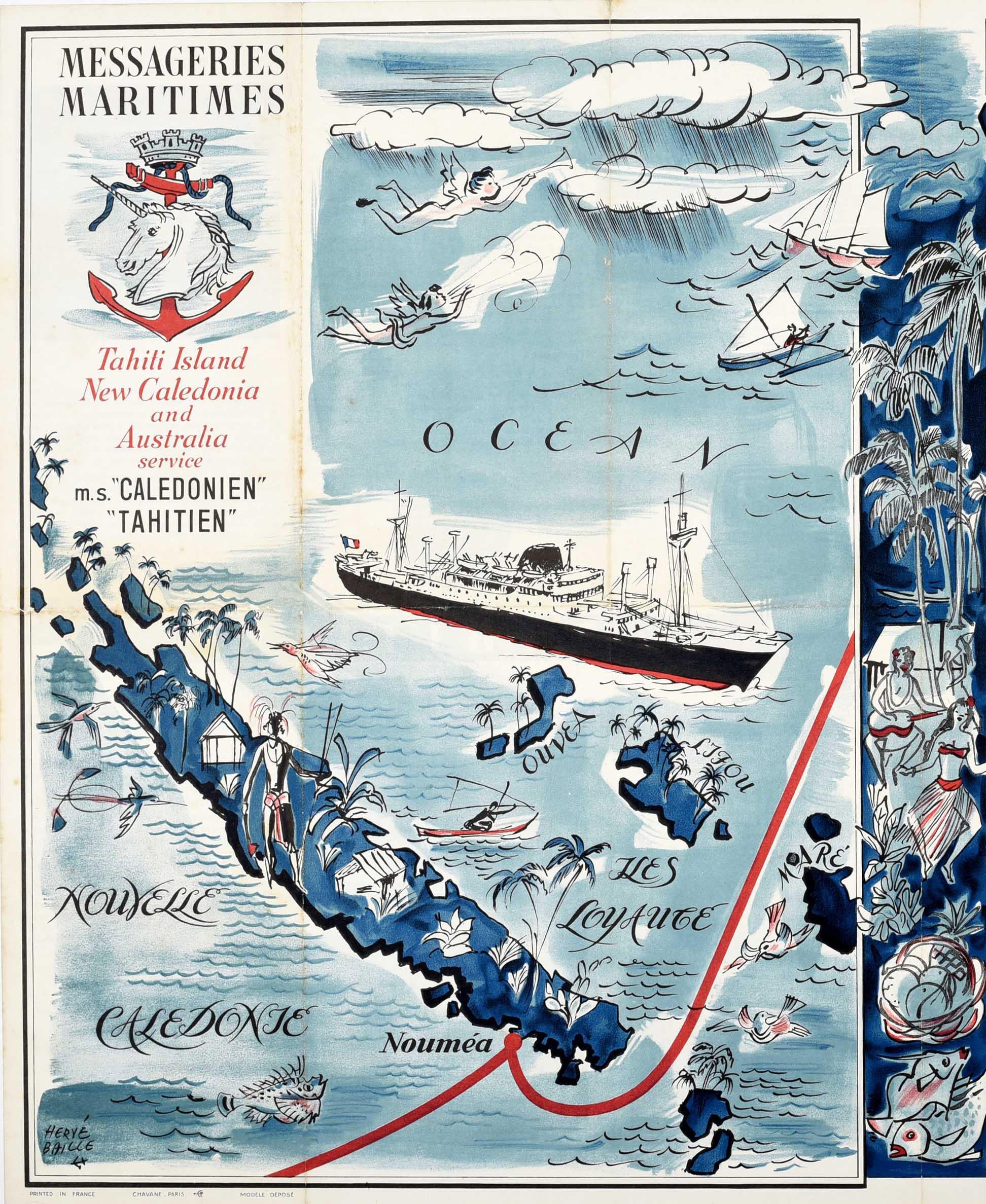 French Original Vintage Advertising Poster Tahiti New Caledonia Illustrated Route Map For Sale