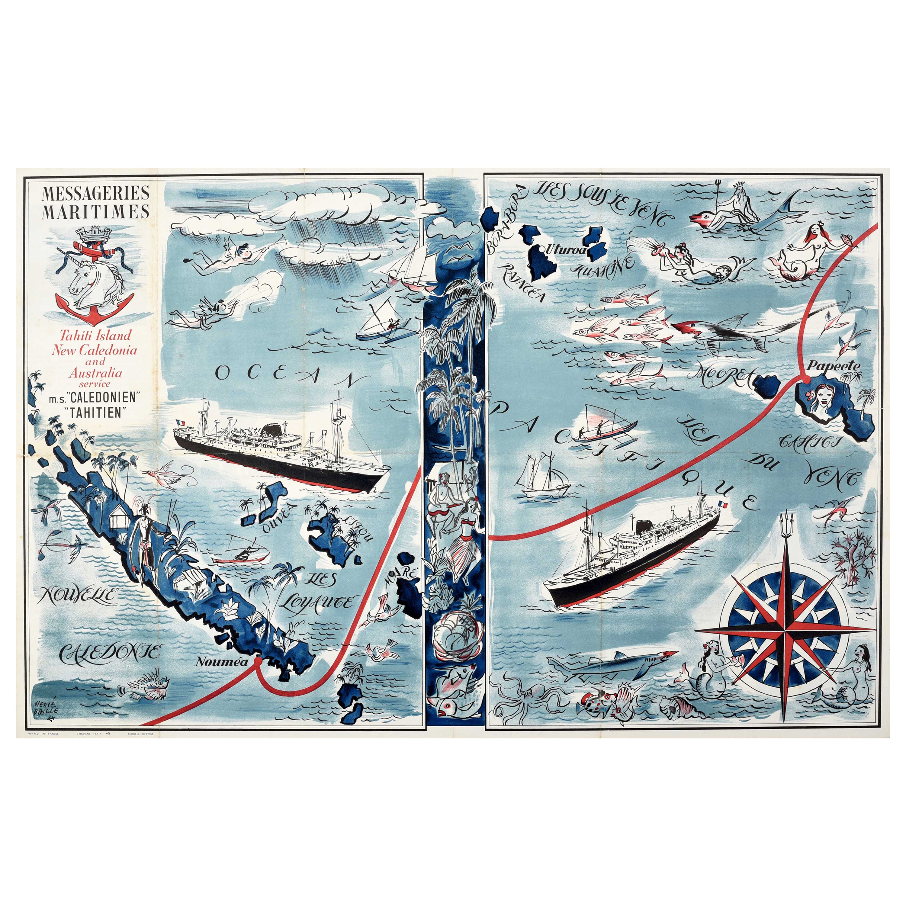 Original-Vintage-Werbeplakat Tahiti, New Caledonia, illustrierte Route Map