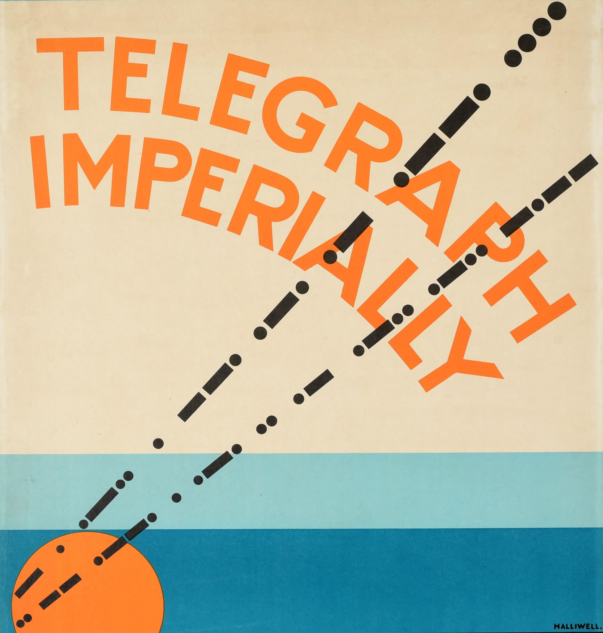 Original vintage advertising poster - Telegraph Imperially via Imperial Eastern Empiradio Marconi - featuring a great graphic design depicting morse code running diagonally up from an orange and blue sun on the horizon with the stylised orange title