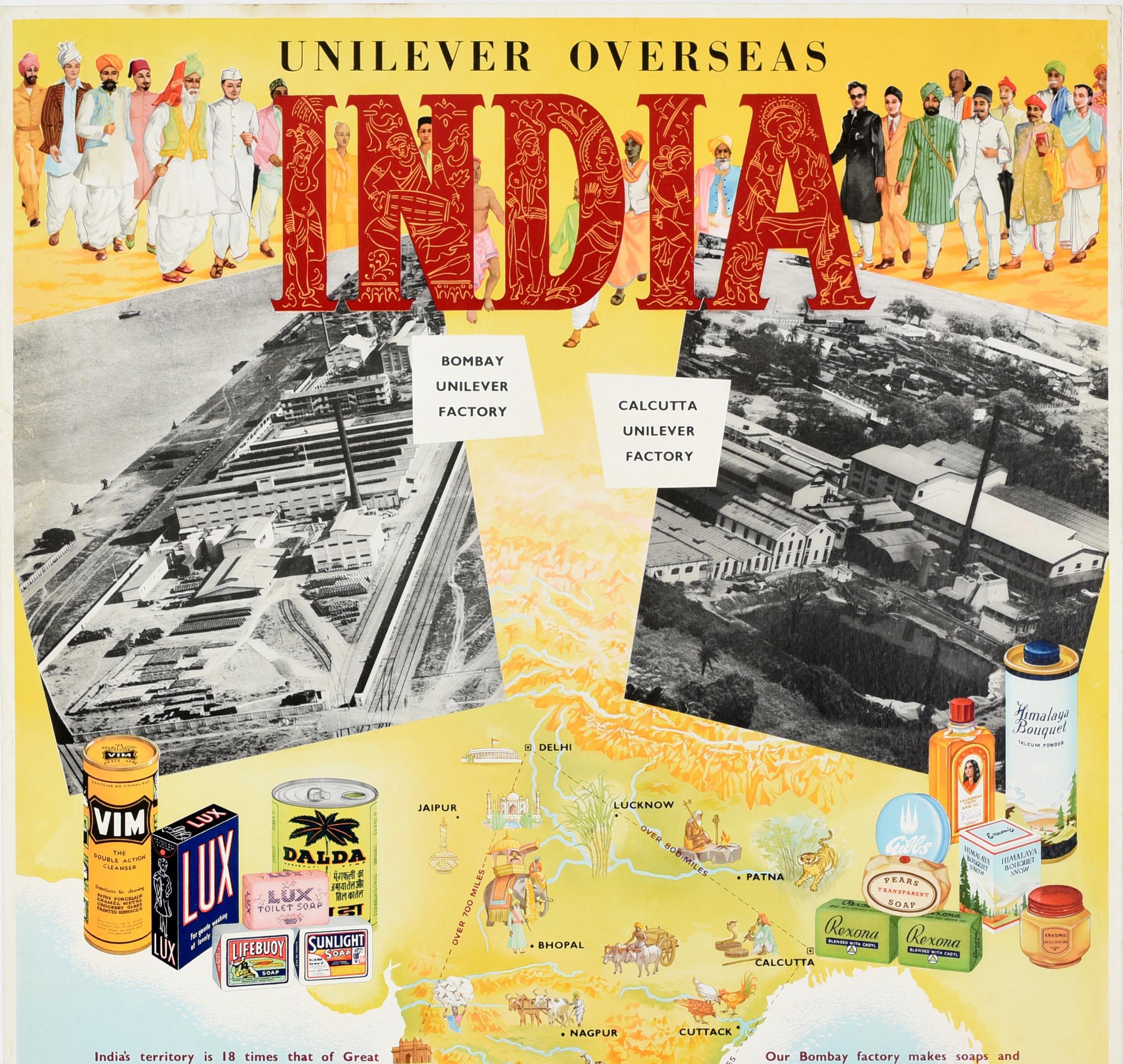 Original vintage advertising poster for Unilever Overseas India. Great illustrated map of India showing the industry production for Unilever with images including a tiger in a jungle, the Taj Mahal and Gateway to India monuments, farming and tea